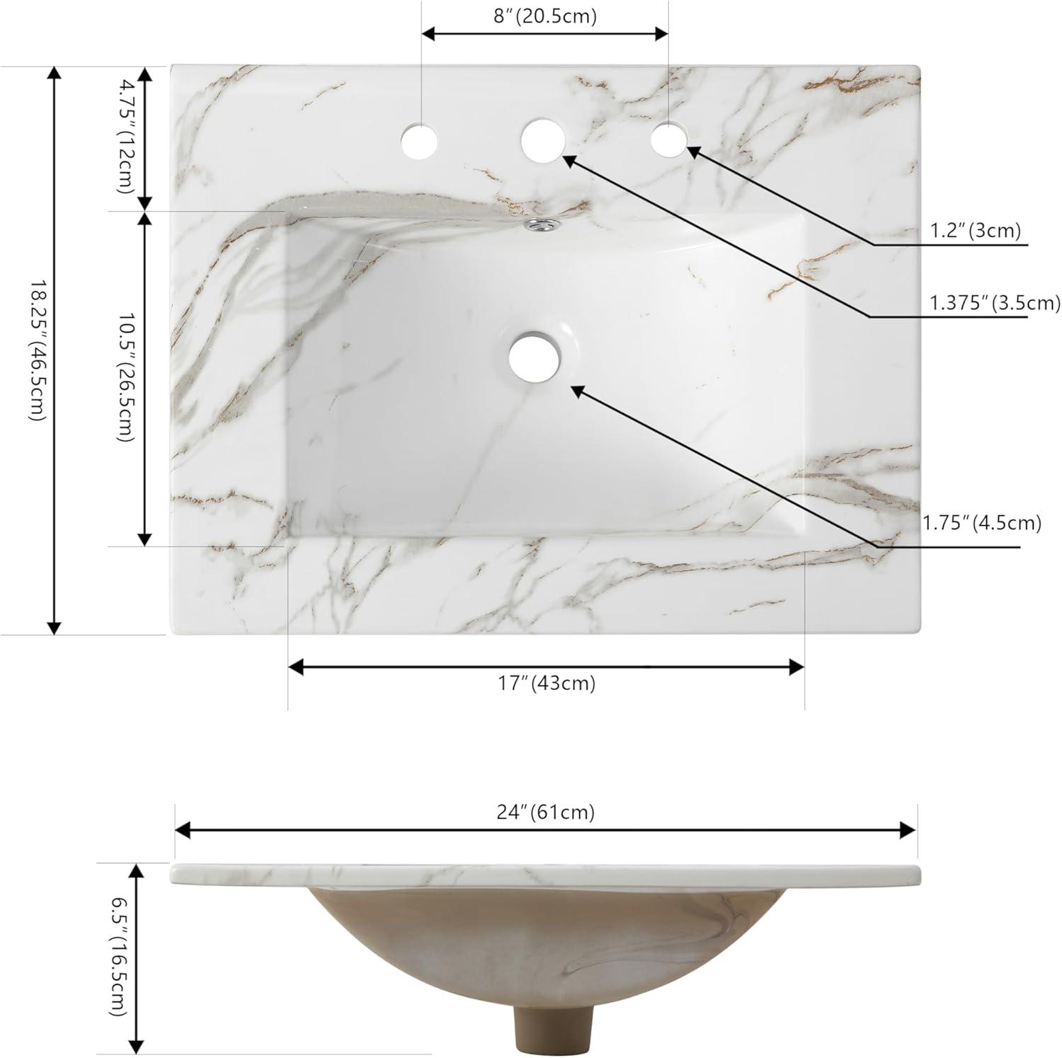 imageJONATHAN Y SNK1001A Ancillary 3Hole 24 in W x 1825 in D Classic Contemporary Rectangular Ceramic Single Sink Basin Vanity Top WhiteWhite Marble