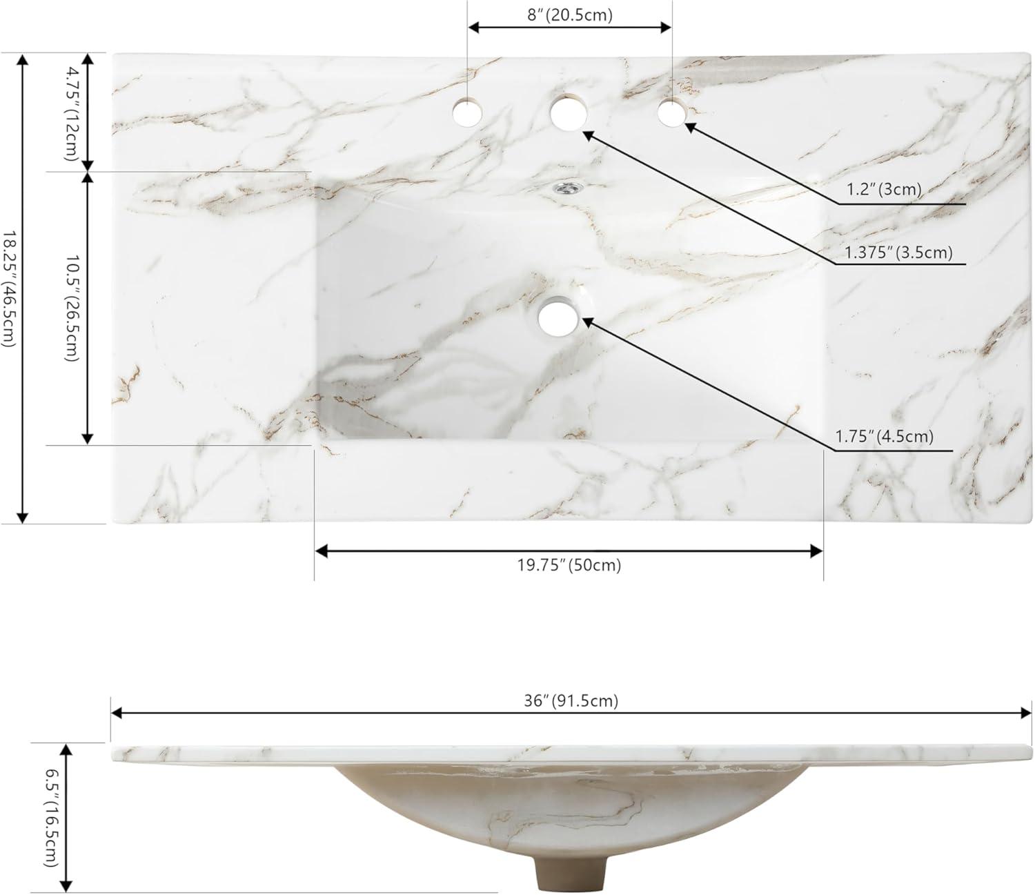 imageJONATHAN Y SNK1001A Ancillary 3Hole 24 in W x 1825 in D Classic Contemporary Rectangular Ceramic Single Sink Basin Vanity Top WhiteWhite Marble