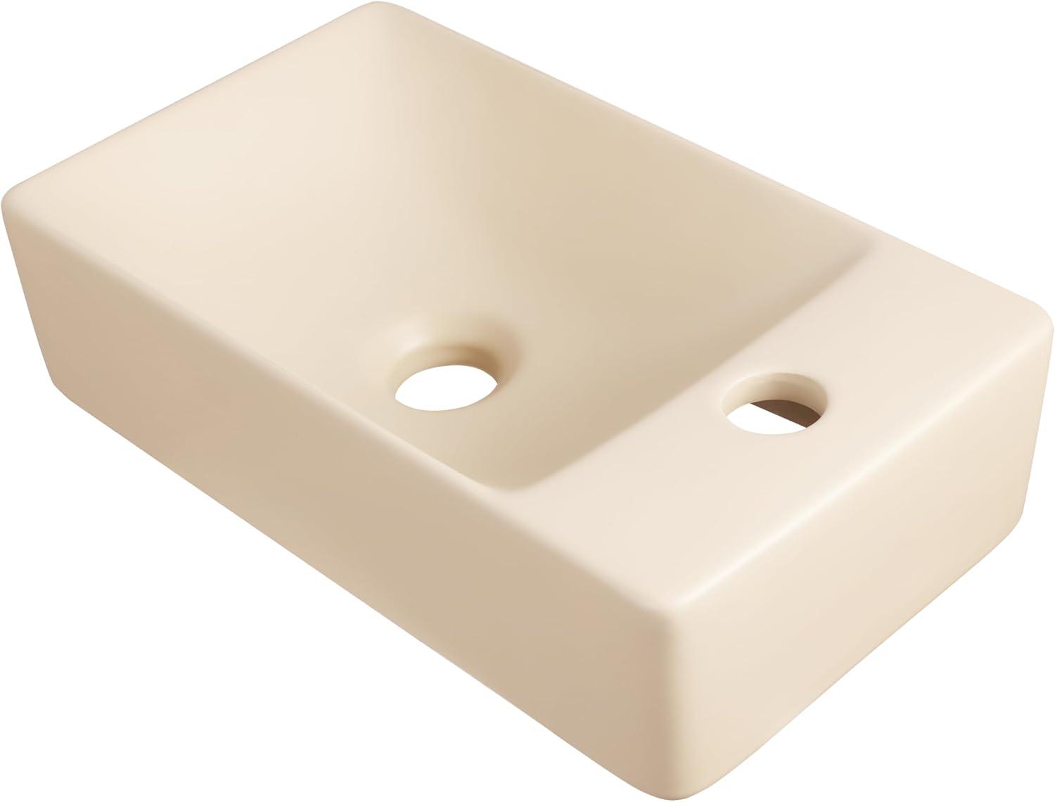 imageJONATHAN Y SNK1004CR Felix 15 in W x 8 in D Modern Wall Mounted Rectangular Ceramic Mini Sink Basin RightSide Faucet White Marble EffectMatte Beige