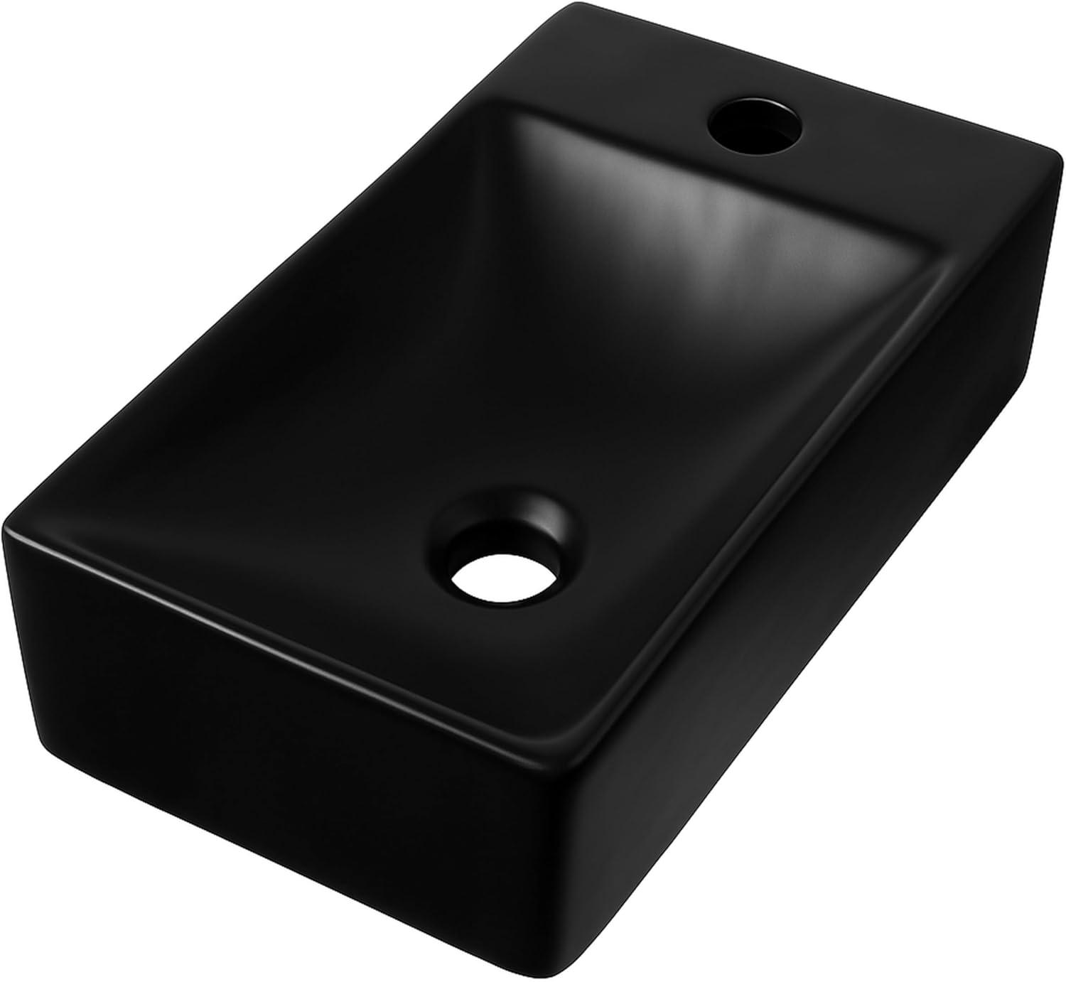 imageJONATHAN Y SNK1004CR Felix 15 in W x 8 in D Modern Wall Mounted Rectangular Ceramic Mini Sink Basin RightSide Faucet White Marble EffectMatte Black