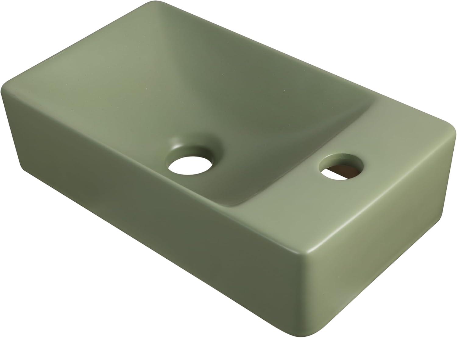 imageJONATHAN Y SNK1004CR Felix 15 in W x 8 in D Modern Wall Mounted Rectangular Ceramic Mini Sink Basin RightSide Faucet White Marble EffectMatte Olive