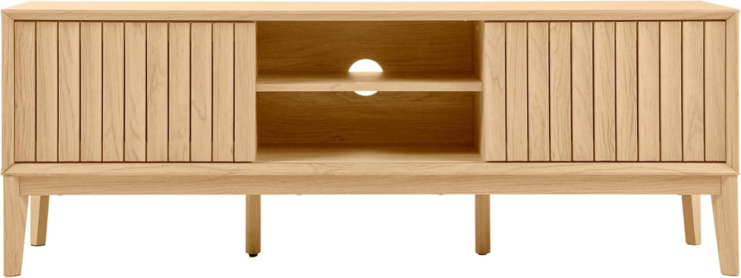 imageJONATHAN Y TVS1000B Gennaro 58 in Farmhouse 3Storage Sliding Door TV Stand Fits TVs up to 65 in with Cable Management Walnut Entertainment Center with Storage for Living Room BedroomOak