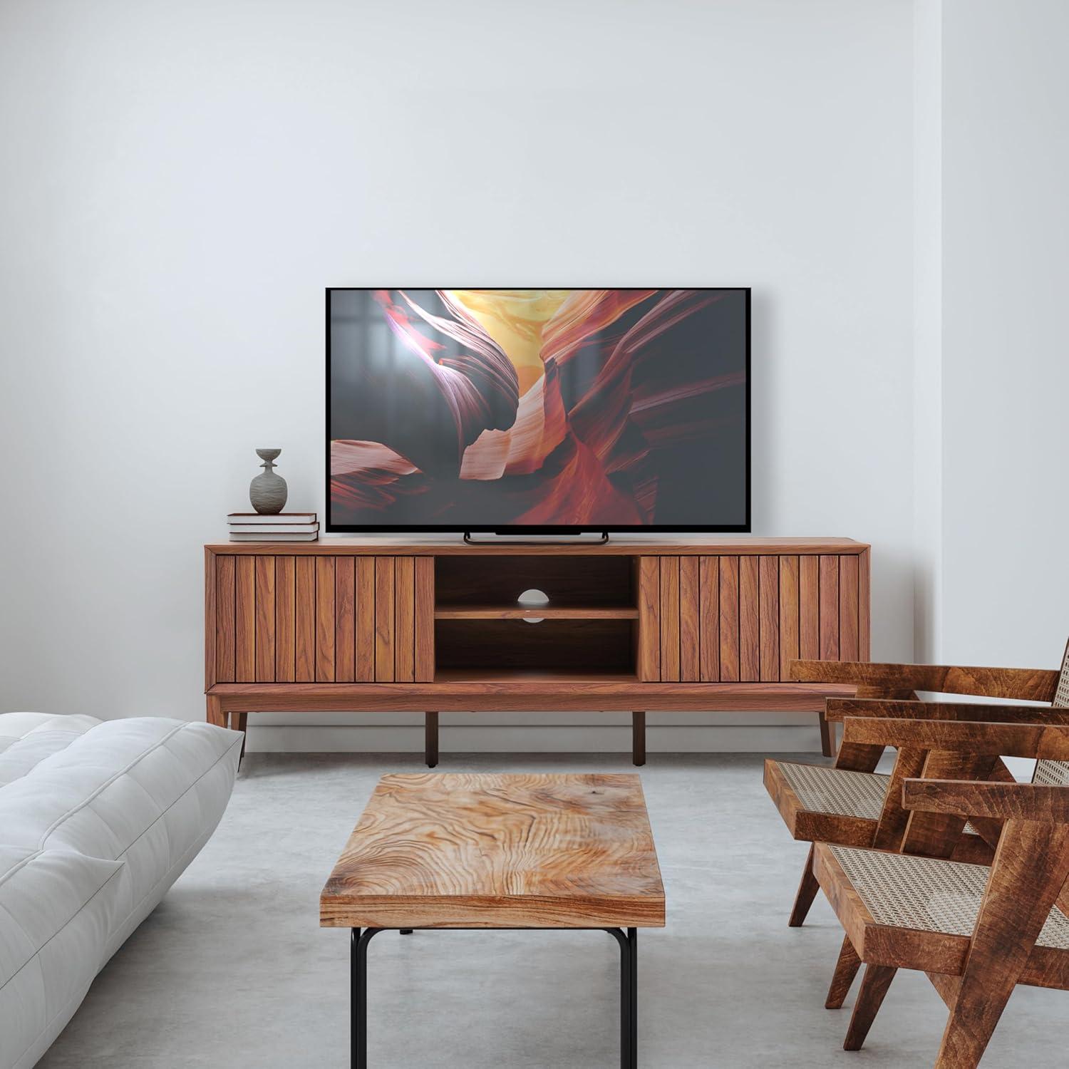 imageJONATHAN Y TVS1000B Gennaro 58 in Farmhouse 3Storage Sliding Door TV Stand Fits TVs up to 65 in with Cable Management Walnut Entertainment Center with Storage for Living Room BedroomWalnut