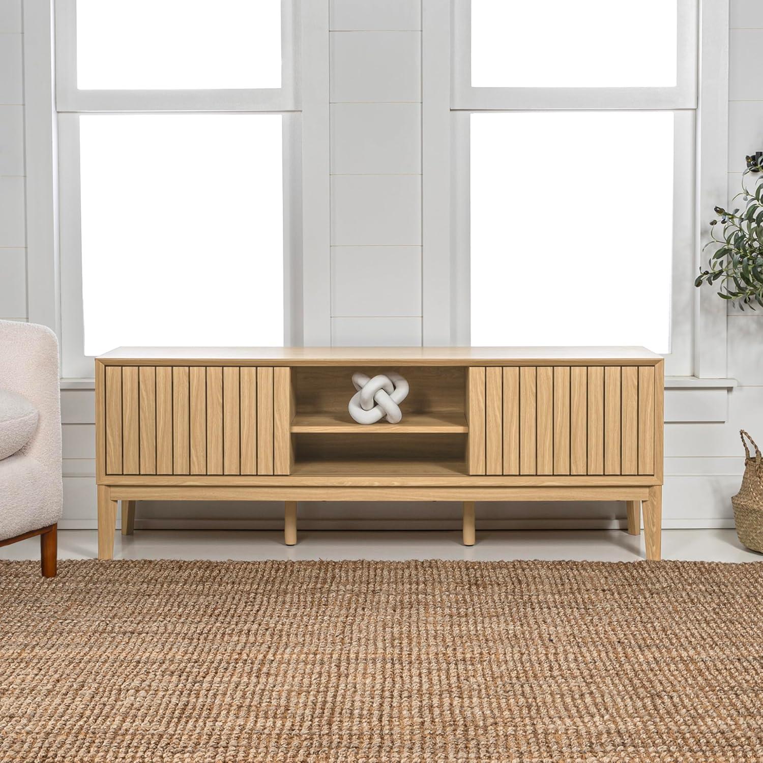 imageJONATHAN Y TVS1000B Gennaro 58 in Farmhouse 3Storage Sliding Door TV Stand Fits TVs up to 65 in with Cable Management Walnut Entertainment Center with Storage for Living Room BedroomOak