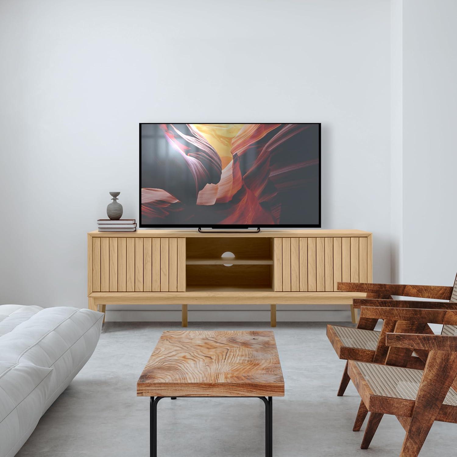 imageJONATHAN Y TVS1000B Gennaro 58 in Farmhouse 3Storage Sliding Door TV Stand Fits TVs up to 65 in with Cable Management Walnut Entertainment Center with Storage for Living Room BedroomOak