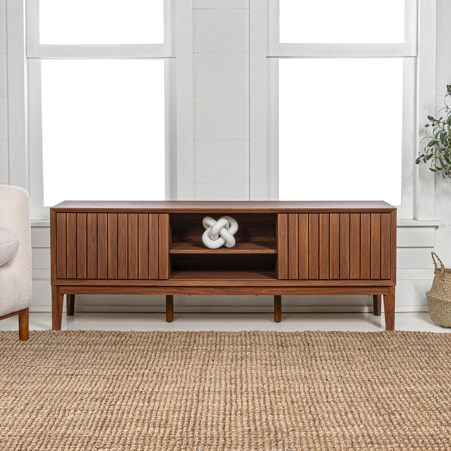 imageJONATHAN Y TVS1000B Gennaro 58 in Farmhouse 3Storage Sliding Door TV Stand Fits TVs up to 65 in with Cable Management Walnut Entertainment Center with Storage for Living Room BedroomWalnut