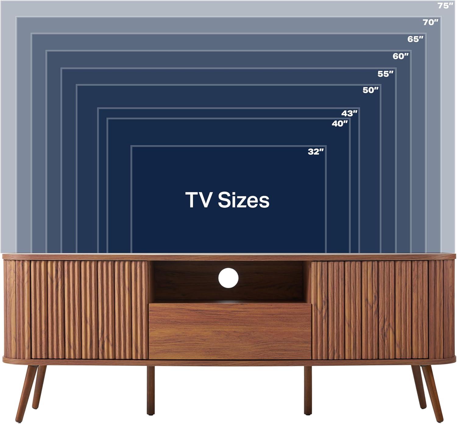 imageJONATHAN Y TVS1001A Damien 70 in Farmhouse Curved TV Stand with Drawer and Storage Doors Fits TVs up to 75 in with Cable Management Oak for Living Room Bedroom Dining RoomWalnut
