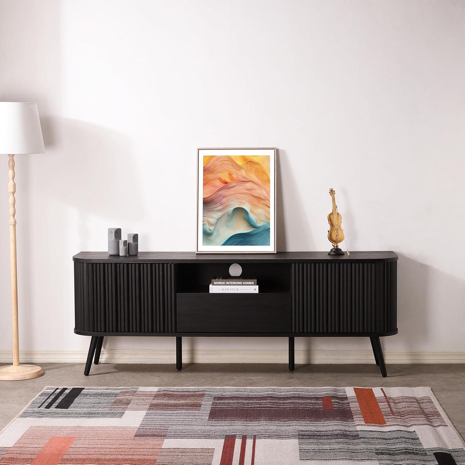 imageJONATHAN Y TVS1001A Damien 70 in Farmhouse Curved TV Stand with Drawer and Storage Doors Fits TVs up to 75 in with Cable Management Oak for Living Room Bedroom Dining RoomBlack