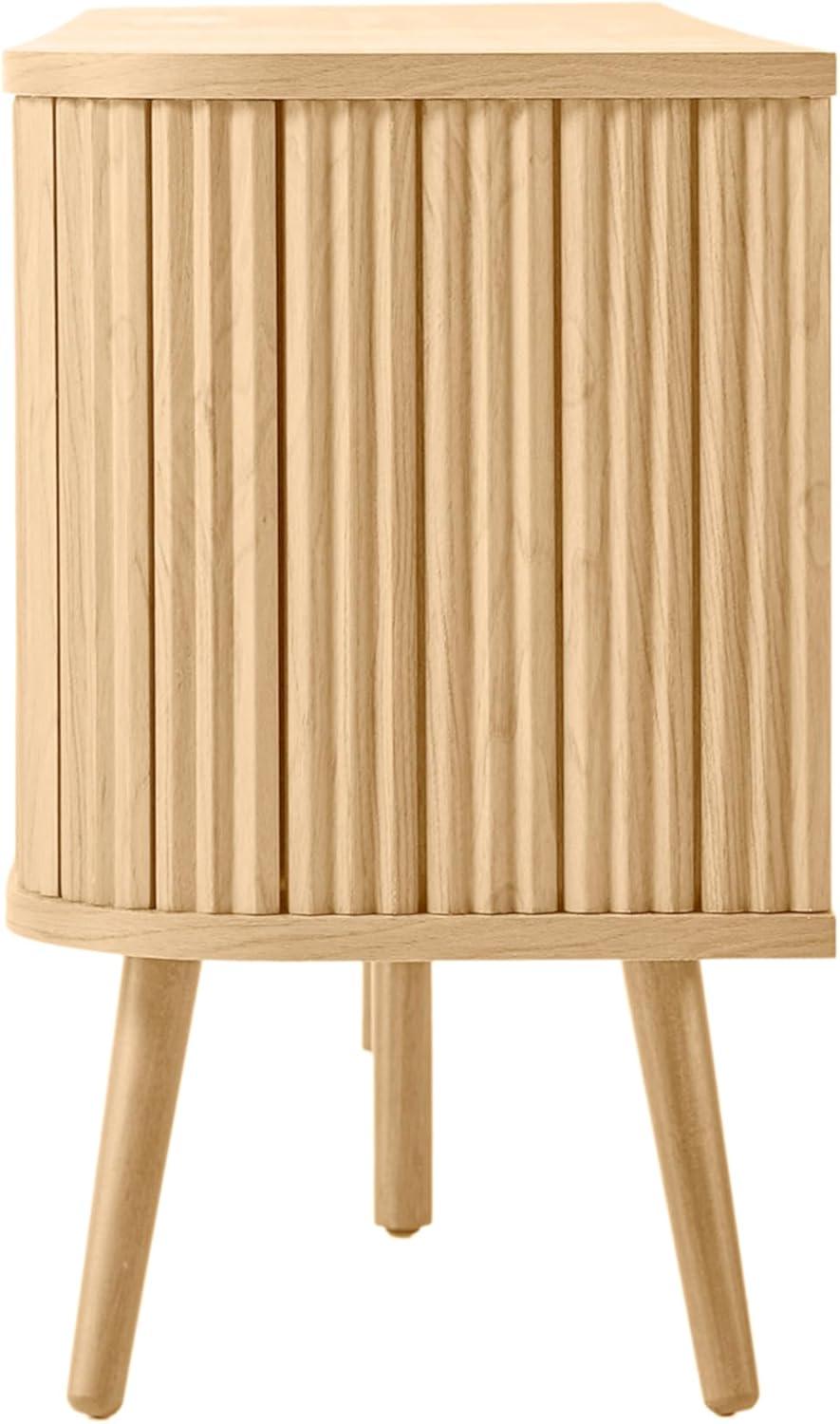 imageJONATHAN Y TVS1001A Damien 70 in Farmhouse Curved TV Stand with Drawer and Storage Doors Fits TVs up to 75 in with Cable Management Oak for Living Room Bedroom Dining RoomOak