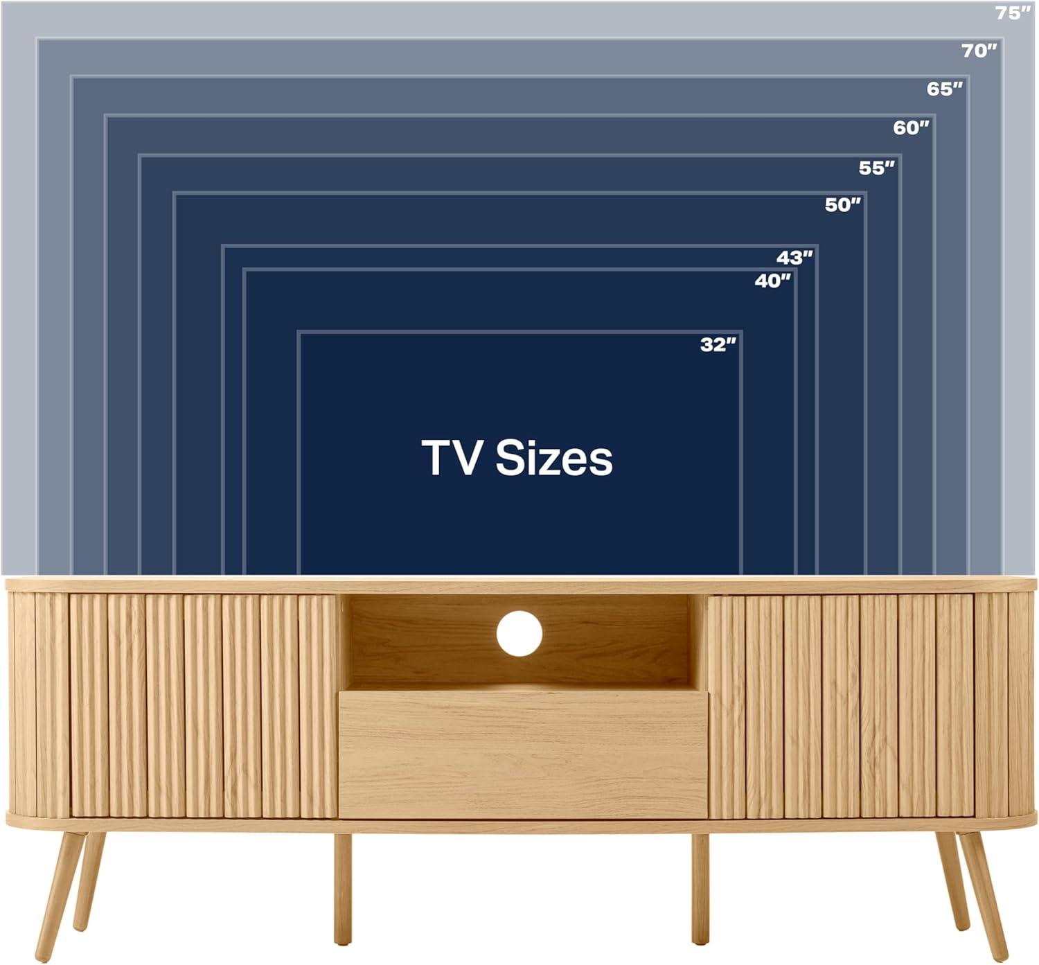 imageJONATHAN Y TVS1001A Damien 70 in Farmhouse Curved TV Stand with Drawer and Storage Doors Fits TVs up to 75 in with Cable Management Oak for Living Room Bedroom Dining RoomOak
