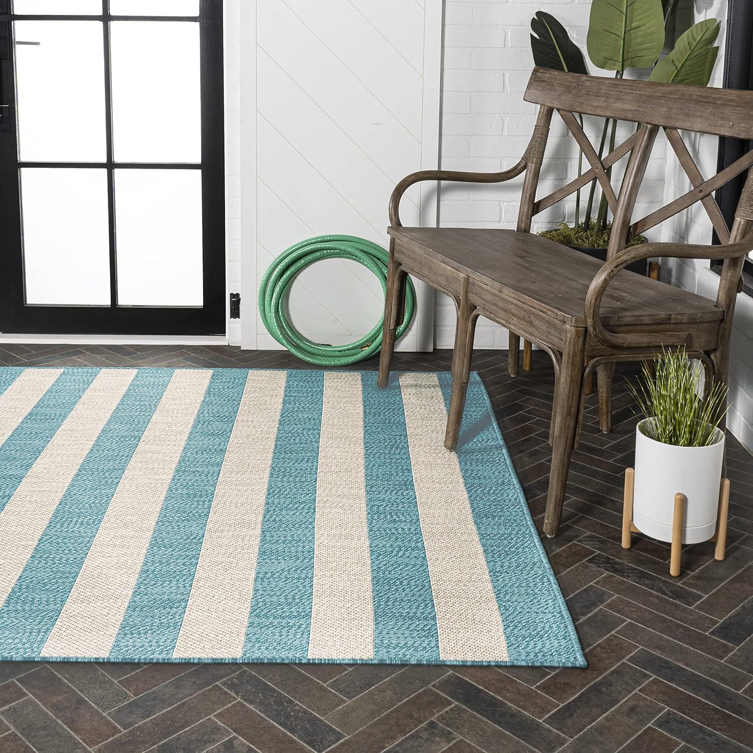 imageJONATHAN Y TwoTone Wide Stripe Indoor Outdoor Area Rug 8X10 AquaCream Negril for Backyard Patio Porch EasyCleaning High Traffic PetFriendly NonShedding SMB203E8AquaCream