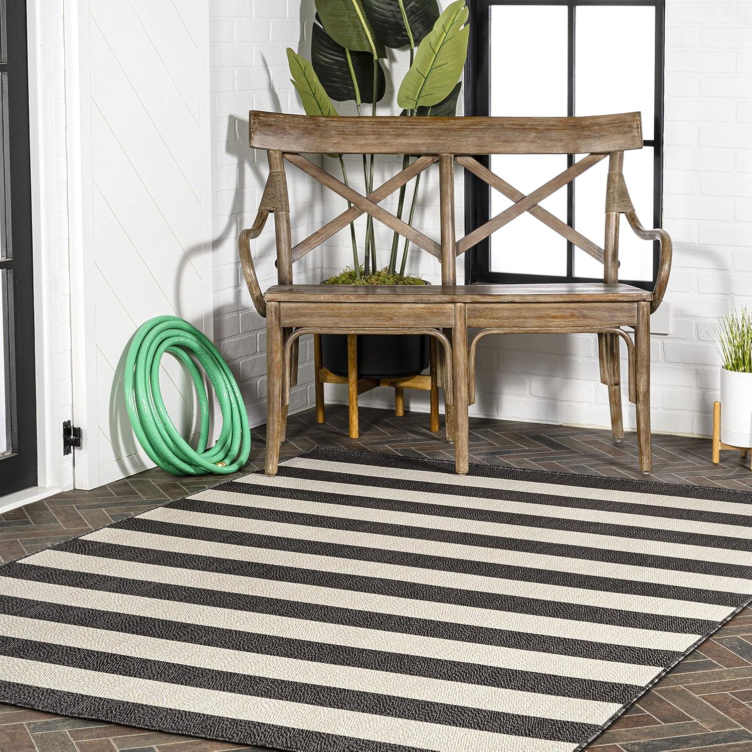 imageJONATHAN Y TwoTone Wide Stripe Indoor Outdoor Area Rug 8X10 AquaCream Negril for Backyard Patio Porch EasyCleaning High Traffic PetFriendly NonShedding SMB203E8BlackBeige
