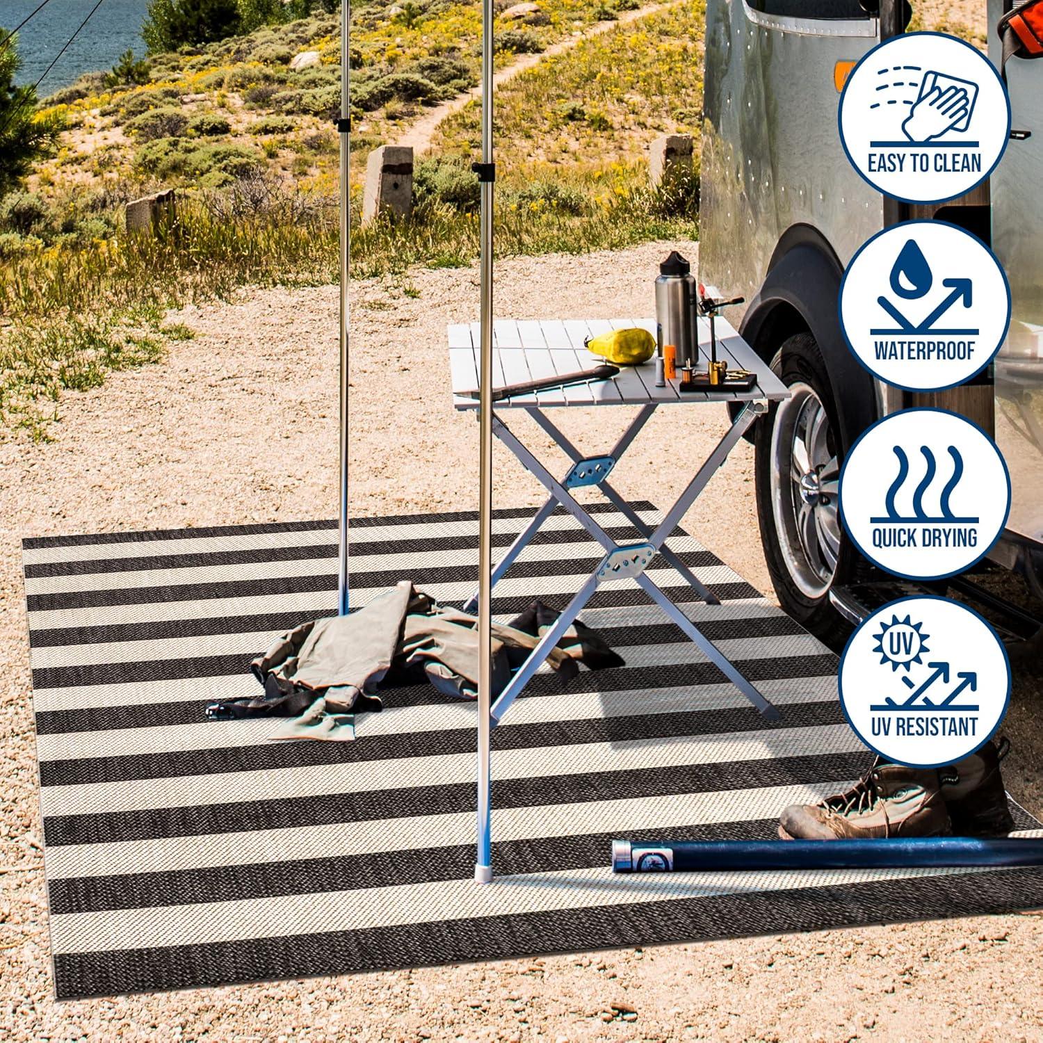 imageJONATHAN Y TwoTone Wide Stripe Indoor Outdoor Area Rug 8X10 AquaCream Negril for Backyard Patio Porch EasyCleaning High Traffic PetFriendly NonShedding SMB203E8BlackBeige