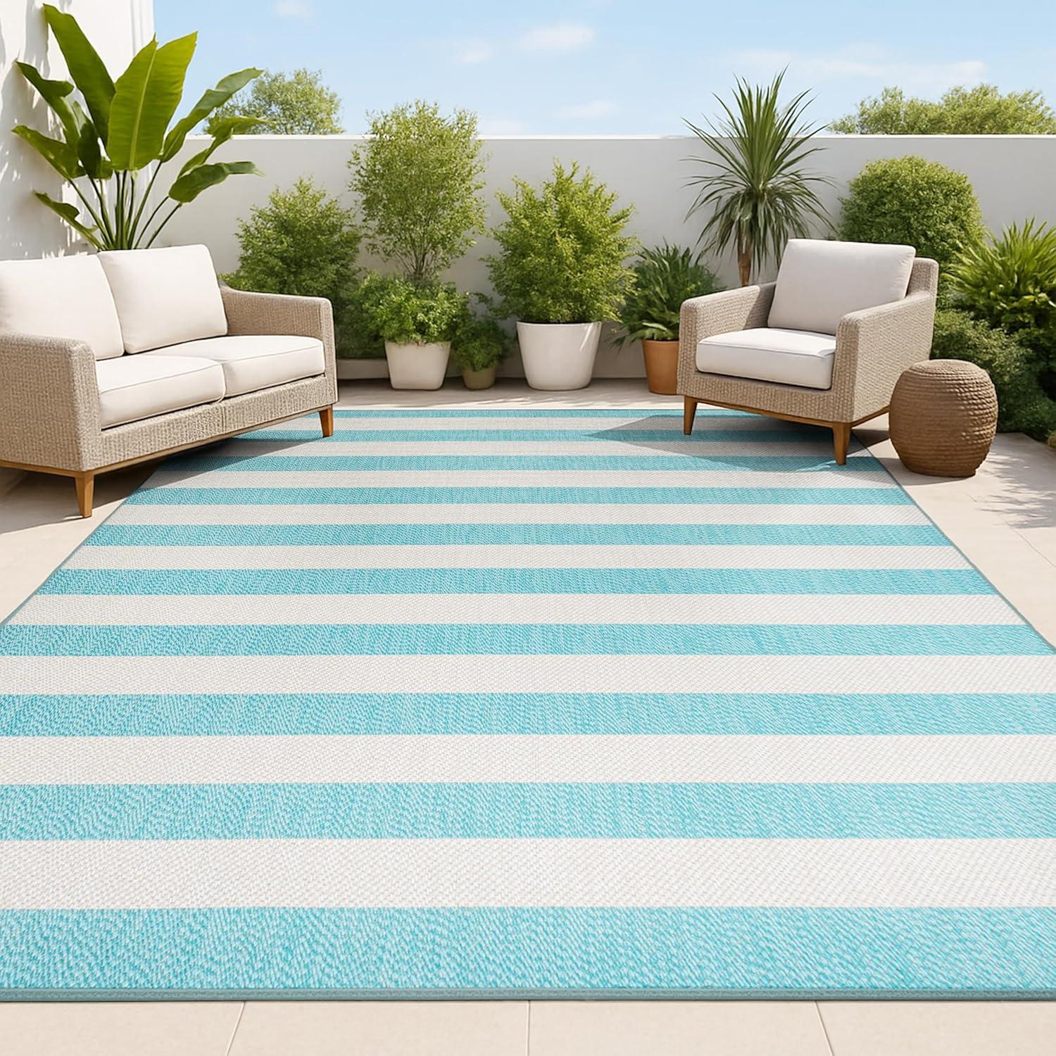 imageJONATHAN Y TwoTone Wide Stripe Indoor Outdoor Area Rug 8X10 AquaCream Negril for Backyard Patio Porch EasyCleaning High Traffic PetFriendly NonShedding SMB203E8AquaCream