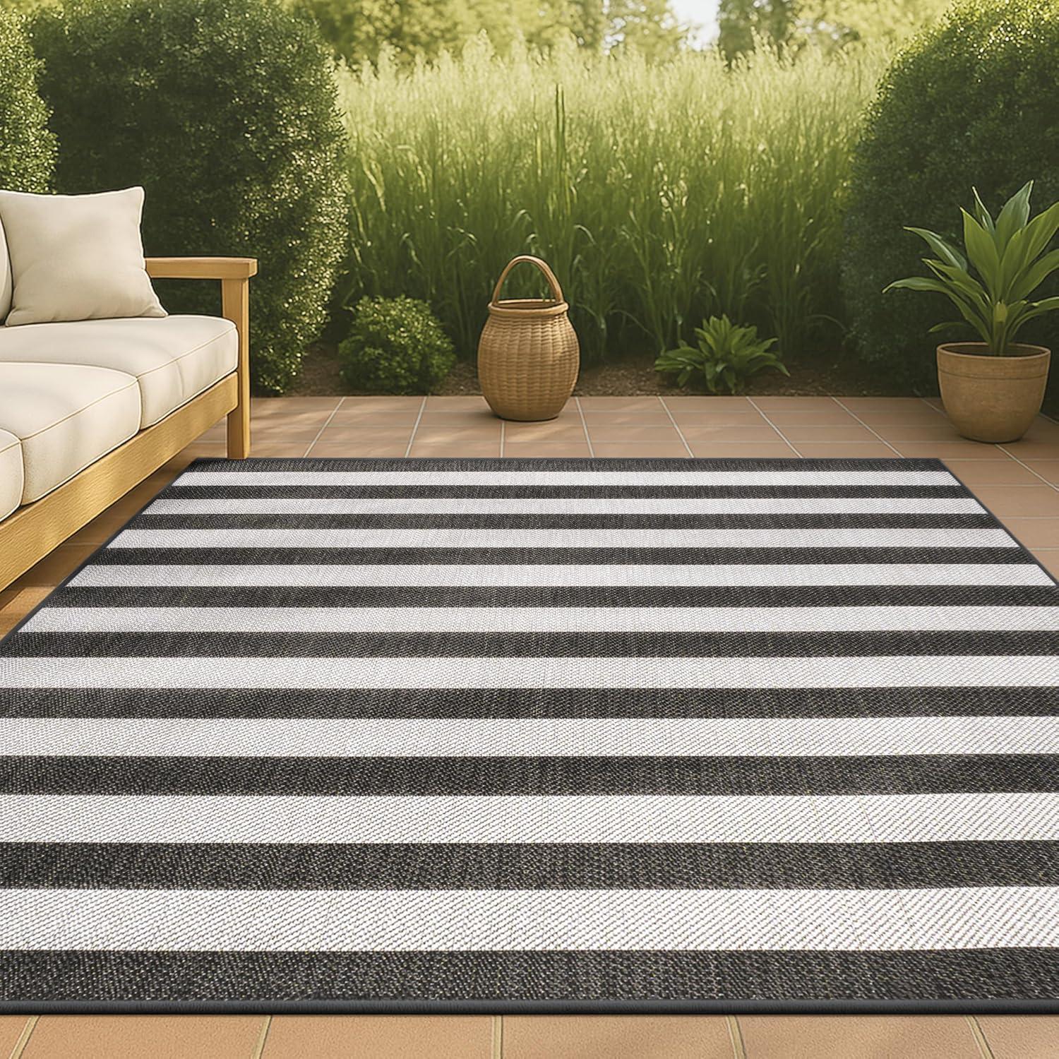 imageJONATHAN Y TwoTone Wide Stripe Indoor Outdoor Area Rug 8X10 AquaCream Negril for Backyard Patio Porch EasyCleaning High Traffic PetFriendly NonShedding SMB203E8BlackCream