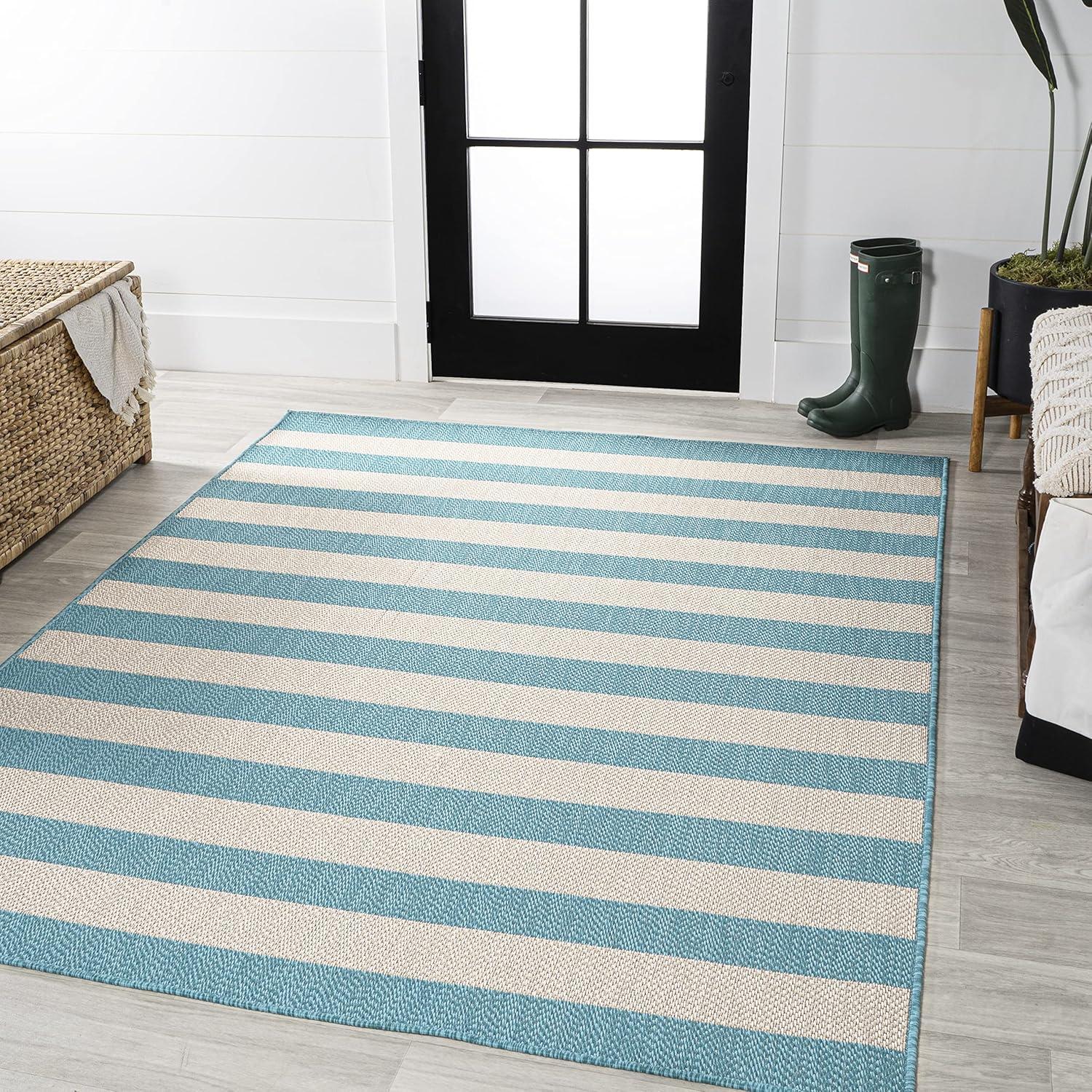 imageJONATHAN Y TwoTone Wide Stripe Indoor Outdoor Area Rug 8X10 AquaCream Negril for Backyard Patio Porch EasyCleaning High Traffic PetFriendly NonShedding SMB203E8AquaCream
