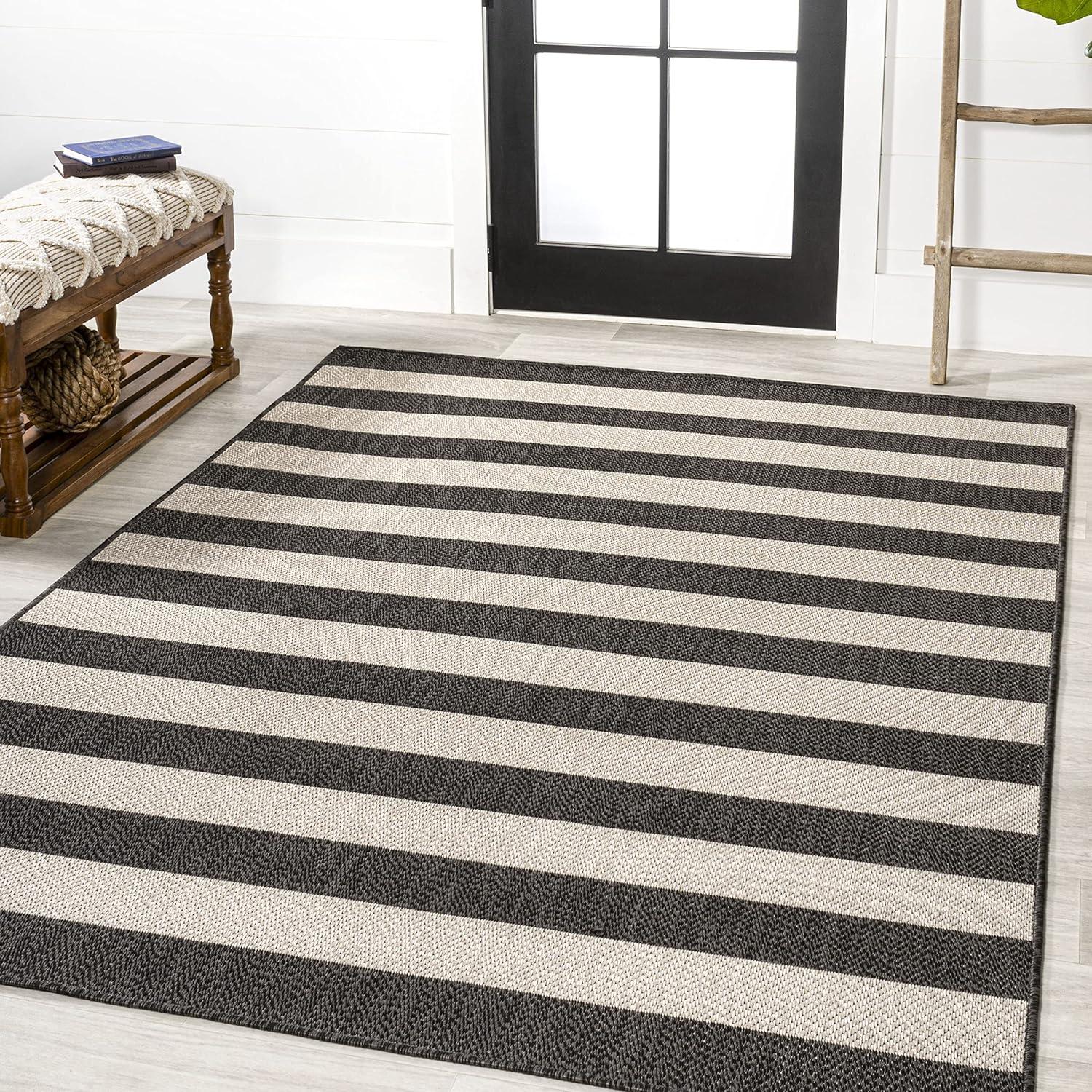 imageJONATHAN Y TwoTone Wide Stripe Indoor Outdoor Area Rug 8X10 AquaCream Negril for Backyard Patio Porch EasyCleaning High Traffic PetFriendly NonShedding SMB203E8BlackBeige