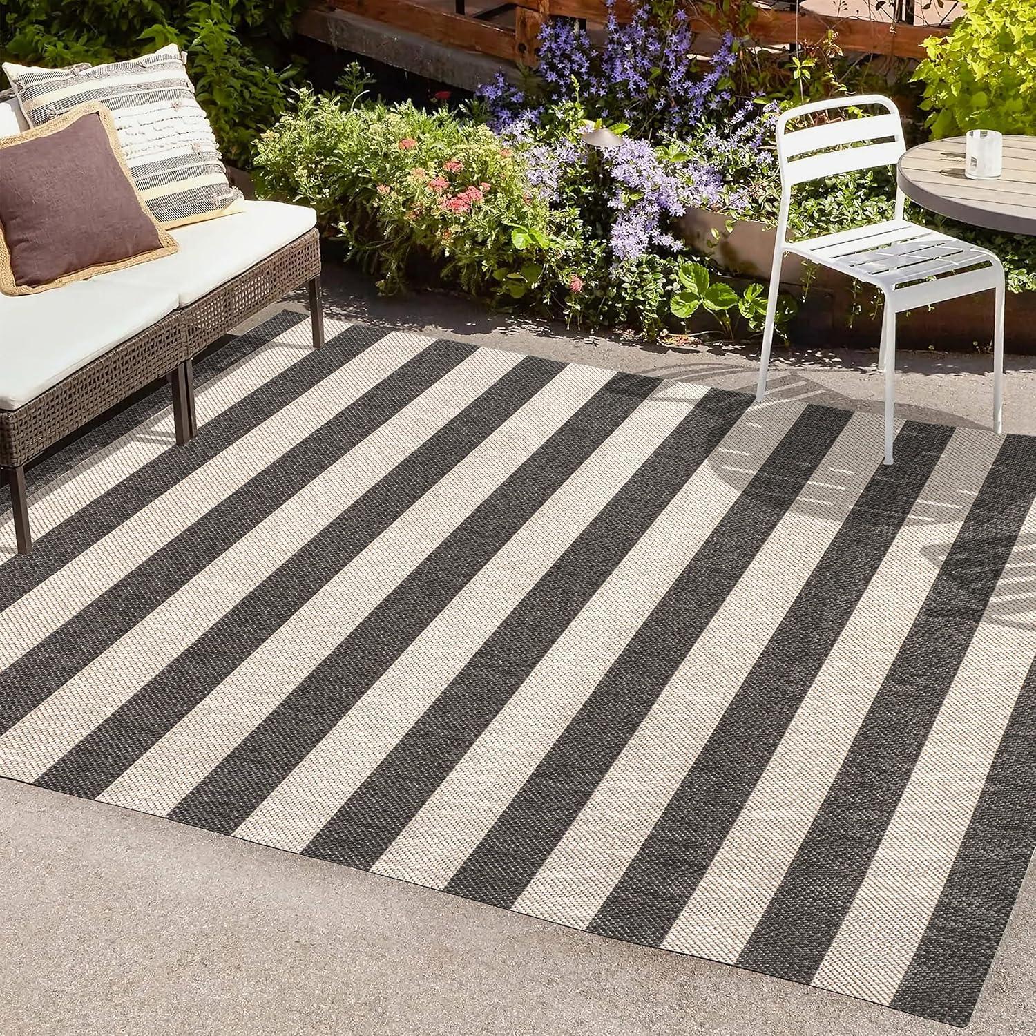 imageJONATHAN Y TwoTone Wide Stripe Indoor Outdoor Area Rug 8X10 AquaCream Negril for Backyard Patio Porch EasyCleaning High Traffic PetFriendly NonShedding SMB203E8BlackBeige