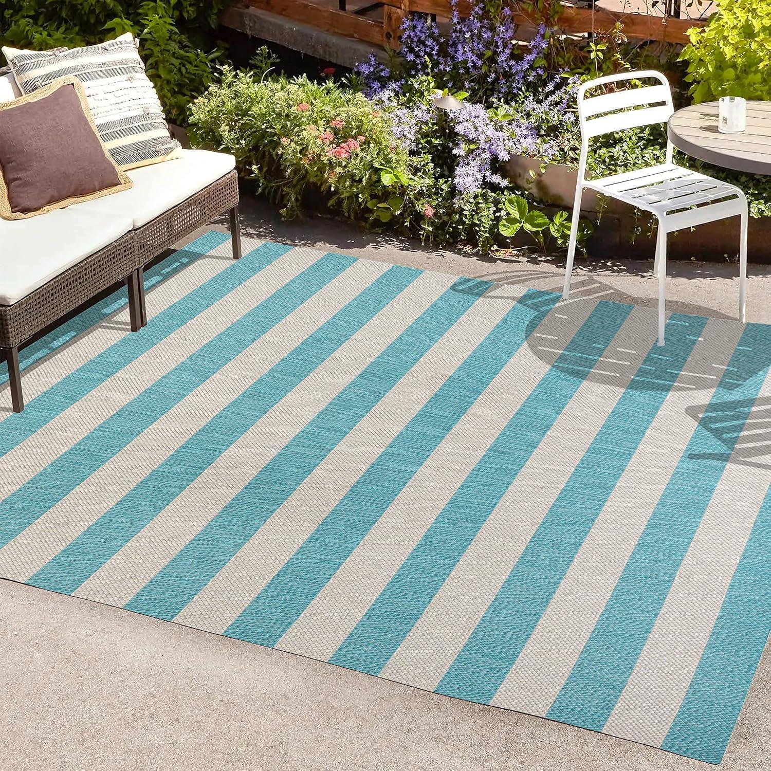 imageJONATHAN Y TwoTone Wide Stripe Indoor Outdoor Area Rug 8X10 AquaCream Negril for Backyard Patio Porch EasyCleaning High Traffic PetFriendly NonShedding SMB203E8AquaCream