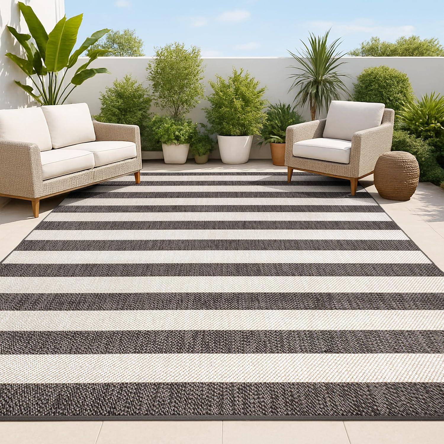 imageJONATHAN Y TwoTone Wide Stripe Indoor Outdoor Area Rug 8X10 AquaCream Negril for Backyard Patio Porch EasyCleaning High Traffic PetFriendly NonShedding SMB203E8BlackBeige