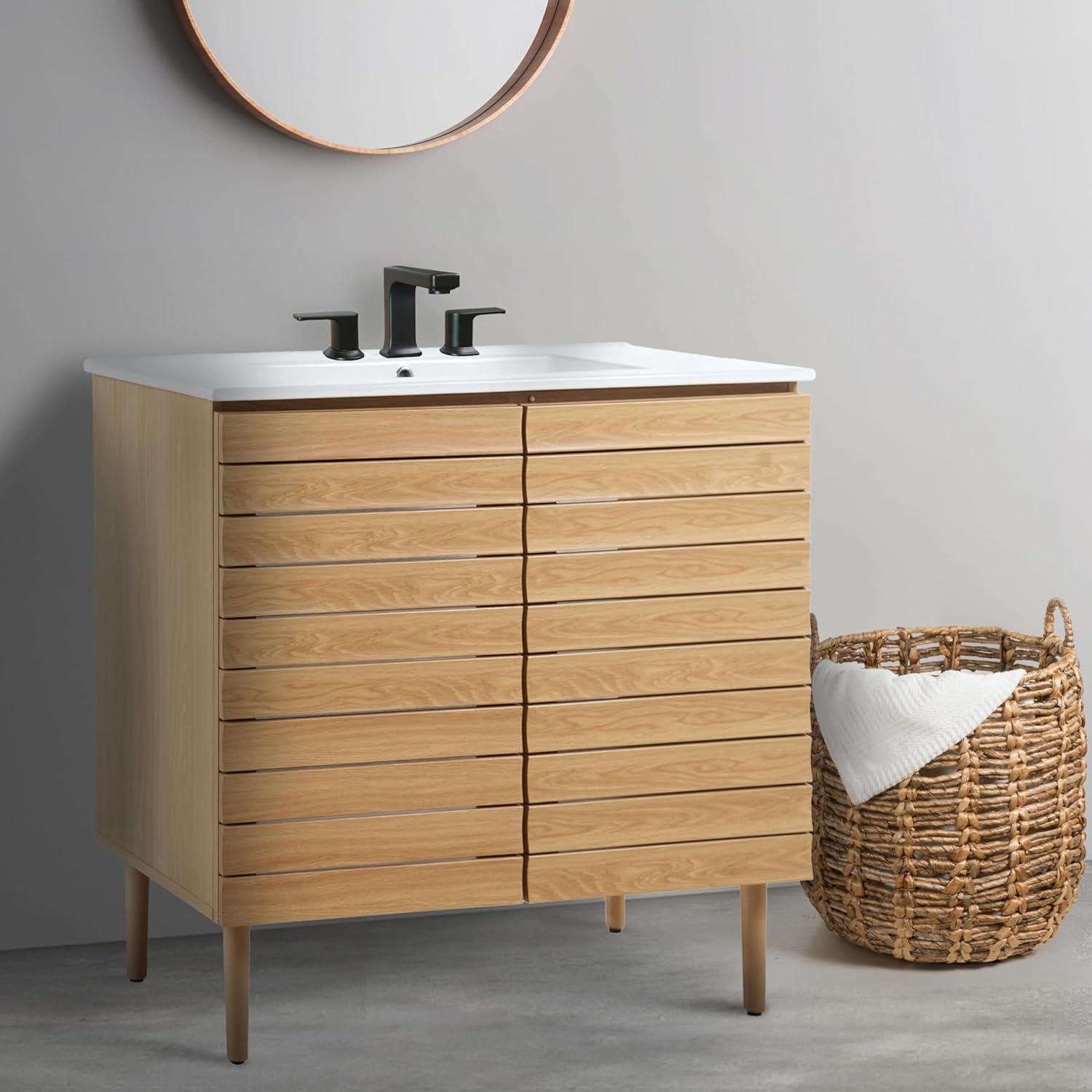 imageJONATHAN Y VAN1002B Aubert 30 in W x 18 in D x 33 in H Thick Linear Slat Modern Farmhouse 2Shelf Bath Vanity Cabinet Only Sink Basin not Included WalnutOak