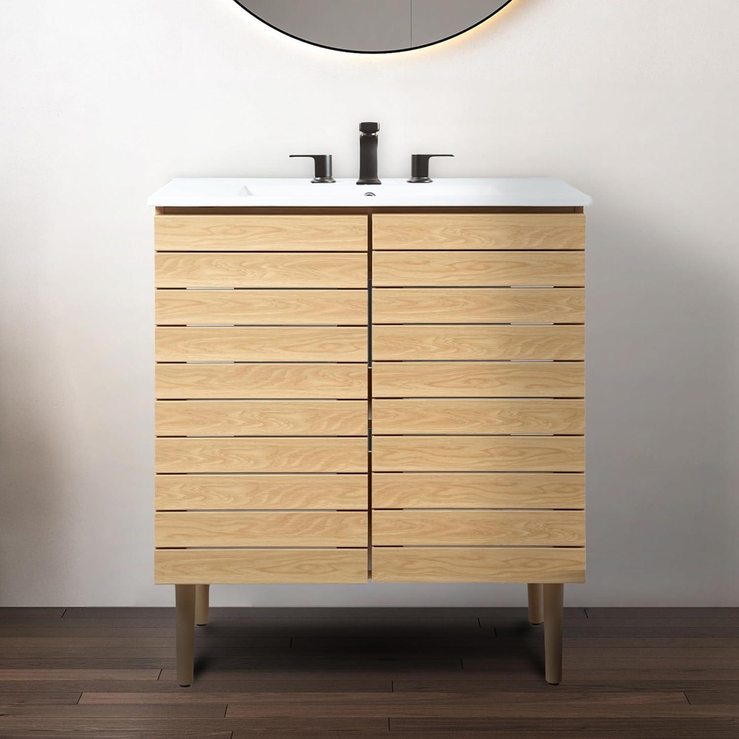 imageJONATHAN Y VAN1002B Aubert 30 in W x 18 in D x 33 in H Thick Linear Slat Modern Farmhouse 2Shelf Bath Vanity Cabinet Only Sink Basin not Included WalnutOak
