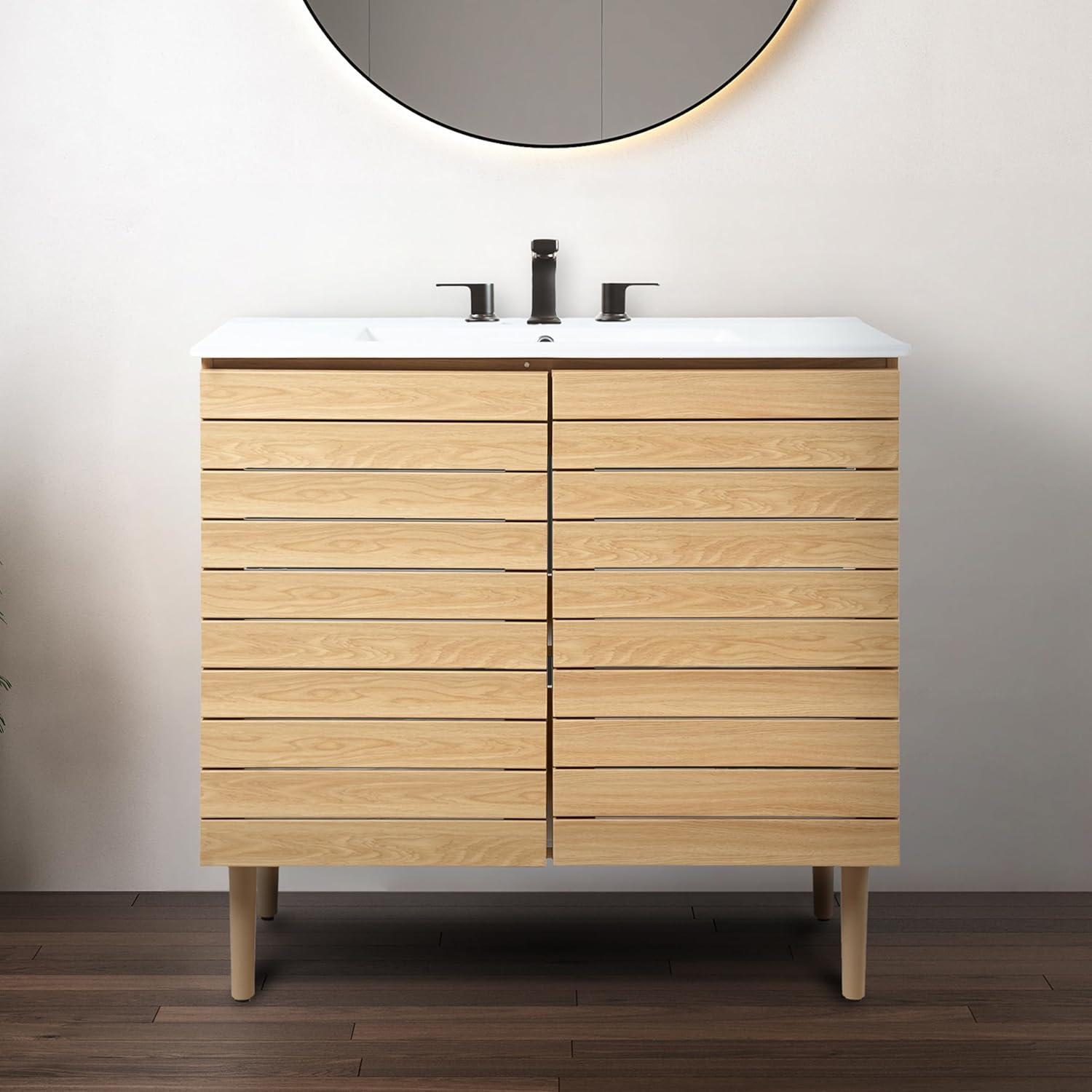 imageJONATHAN Y VAN1002B Aubert 30 in W x 18 in D x 33 in H Thick Linear Slat Modern Farmhouse 2Shelf Bath Vanity Cabinet Only Sink Basin not Included WalnutOak
