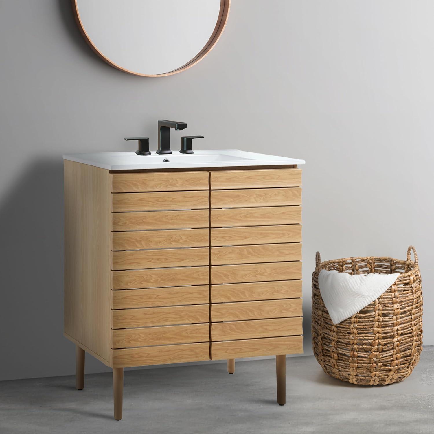 imageJONATHAN Y VAN1002B Aubert 30 in W x 18 in D x 33 in H Thick Linear Slat Modern Farmhouse 2Shelf Bath Vanity Cabinet Only Sink Basin not Included WalnutOak