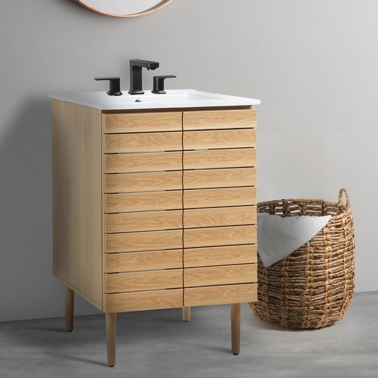 imageJONATHAN Y VAN1002B Aubert 30 in W x 18 in D x 33 in H Thick Linear Slat Modern Farmhouse 2Shelf Bath Vanity Cabinet Only Sink Basin not Included WalnutOak