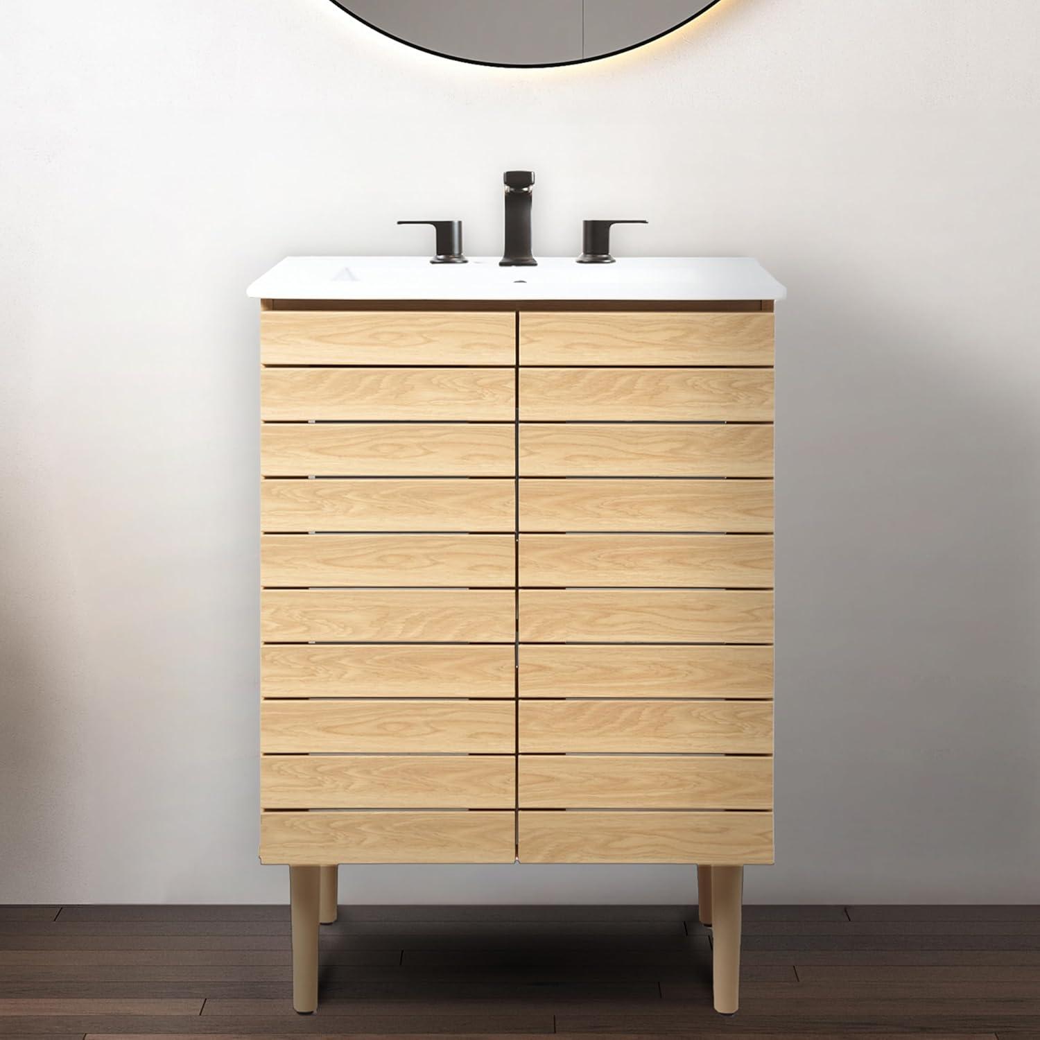 imageJONATHAN Y VAN1002B Aubert 30 in W x 18 in D x 33 in H Thick Linear Slat Modern Farmhouse 2Shelf Bath Vanity Cabinet Only Sink Basin not Included WalnutOak