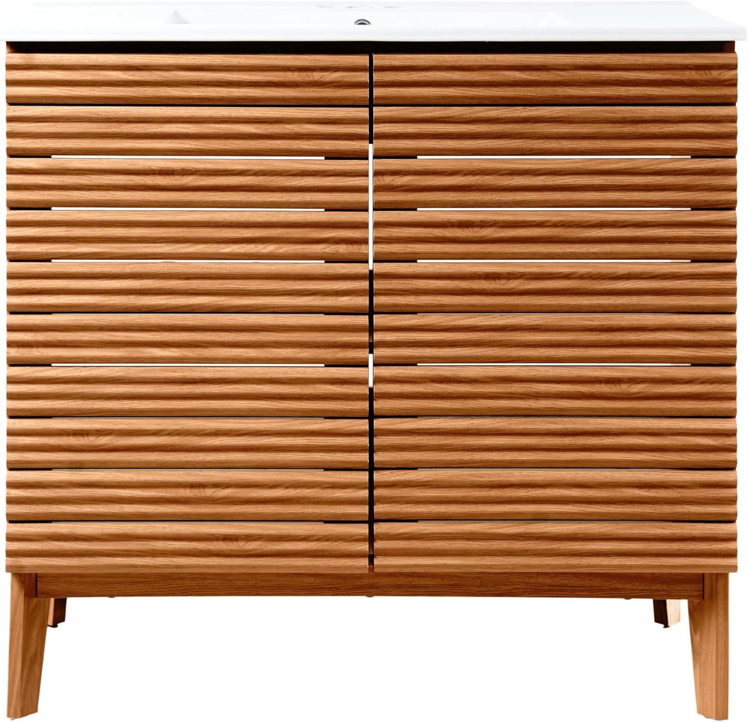 imageJONATHAN Y VAN1005A Calandre 24 in W x 18 in D x 33 in H Thin Linear Slat Modern Farmhouse 2Shelf Bath Vanity Cabinet Only Sink Basin not Included OakWalnut