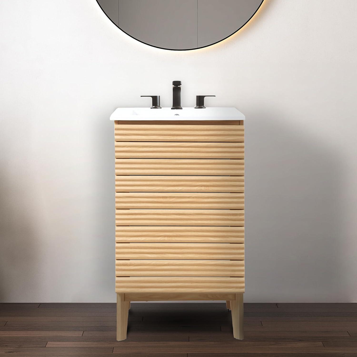 imageJONATHAN Y VAN1005A Calandre 24 in W x 18 in D x 33 in H Thin Linear Slat Modern Farmhouse 2Shelf Bath Vanity Cabinet Only Sink Basin not Included OakOak
