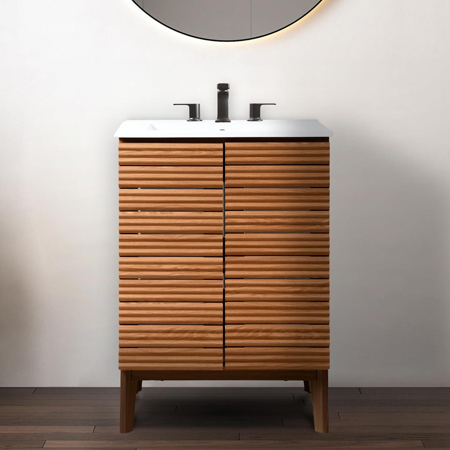 imageJONATHAN Y VAN1005A Calandre 24 in W x 18 in D x 33 in H Thin Linear Slat Modern Farmhouse 2Shelf Bath Vanity Cabinet Only Sink Basin not Included OakWalnut