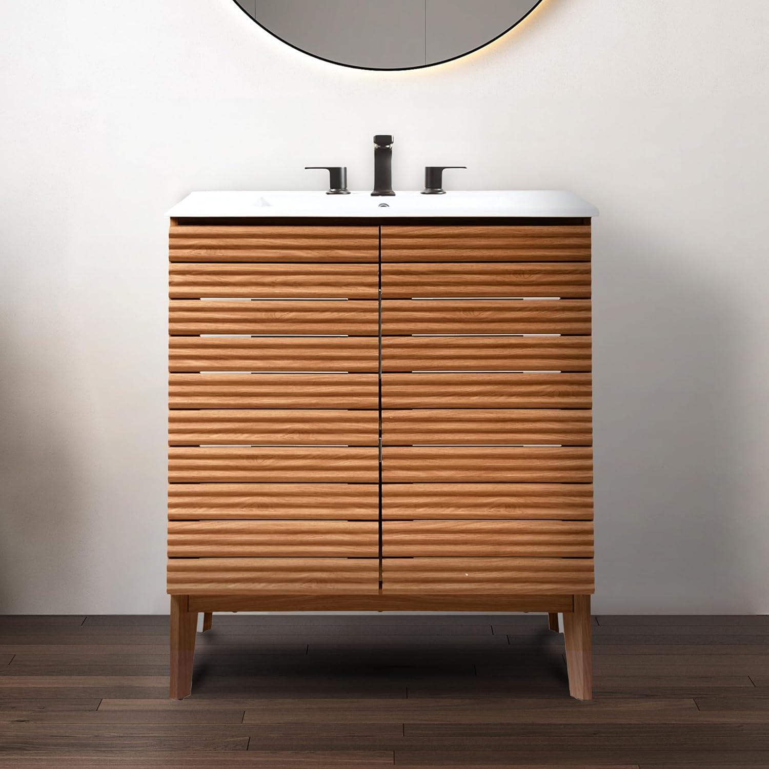 imageJONATHAN Y VAN1005A Calandre 24 in W x 18 in D x 33 in H Thin Linear Slat Modern Farmhouse 2Shelf Bath Vanity Cabinet Only Sink Basin not Included OakWalnut