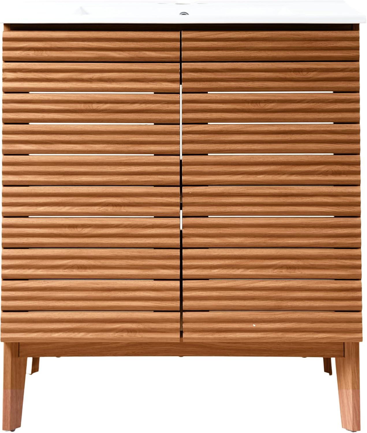 imageJONATHAN Y VAN1005A Calandre 24 in W x 18 in D x 33 in H Thin Linear Slat Modern Farmhouse 2Shelf Bath Vanity Cabinet Only Sink Basin not Included OakWalnut