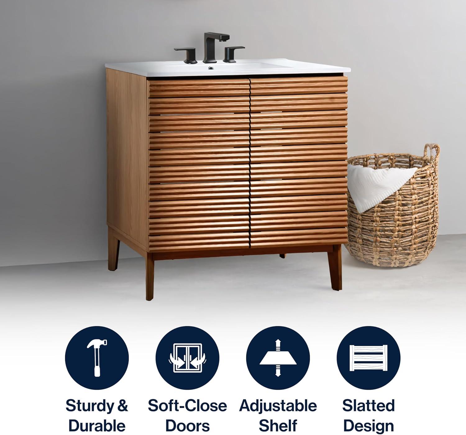 imageJONATHAN Y VAN1005A Calandre 24 in W x 18 in D x 33 in H Thin Linear Slat Modern Farmhouse 2Shelf Bath Vanity Cabinet Only Sink Basin not Included OakWalnut