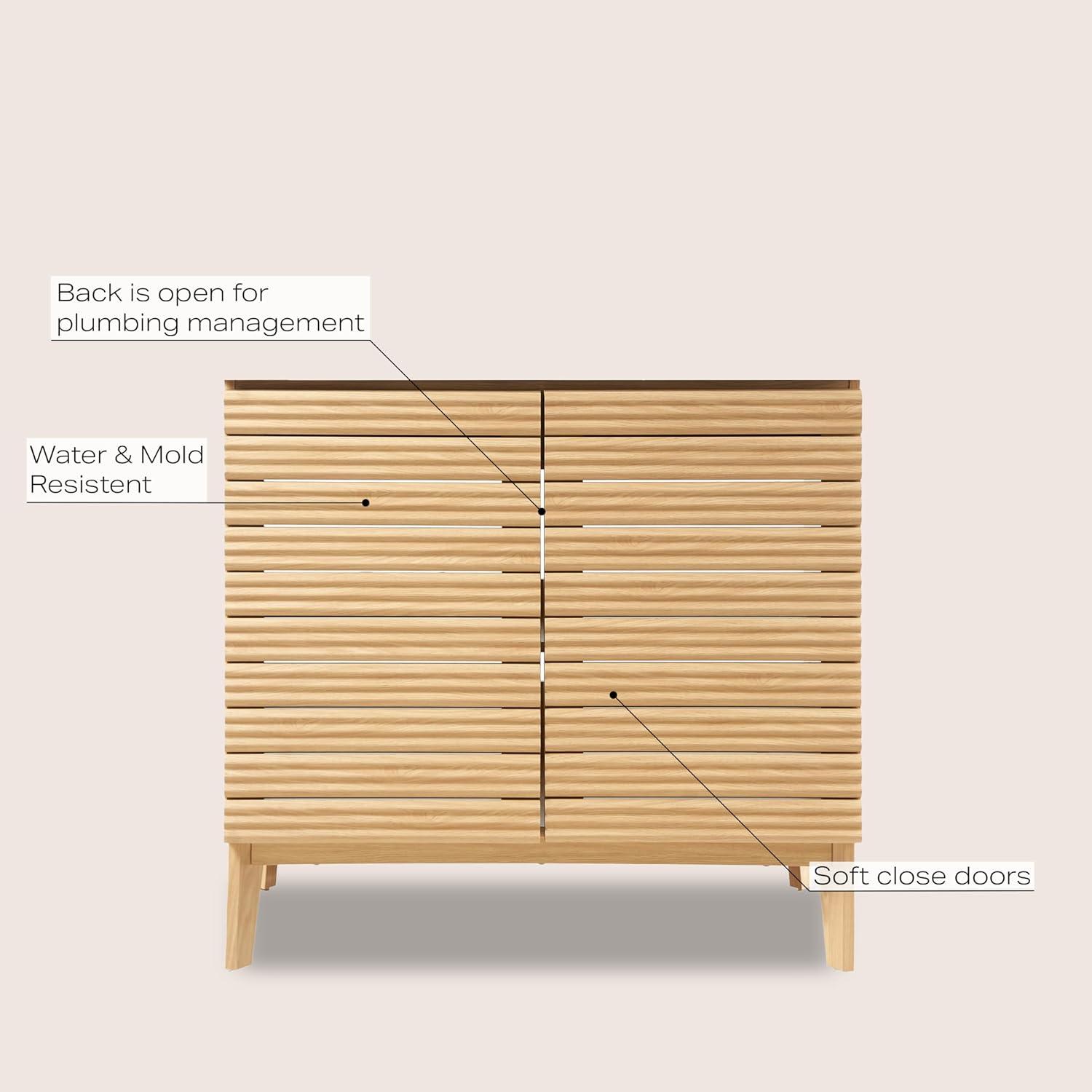 imageJONATHAN Y VAN1005A Calandre 24 in W x 18 in D x 33 in H Thin Linear Slat Modern Farmhouse 2Shelf Bath Vanity Cabinet Only Sink Basin not Included OakOak