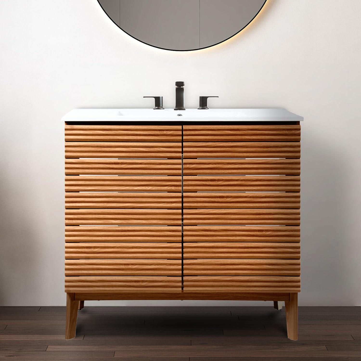 imageJONATHAN Y VAN1005A Calandre 24 in W x 18 in D x 33 in H Thin Linear Slat Modern Farmhouse 2Shelf Bath Vanity Cabinet Only Sink Basin not Included OakWalnut