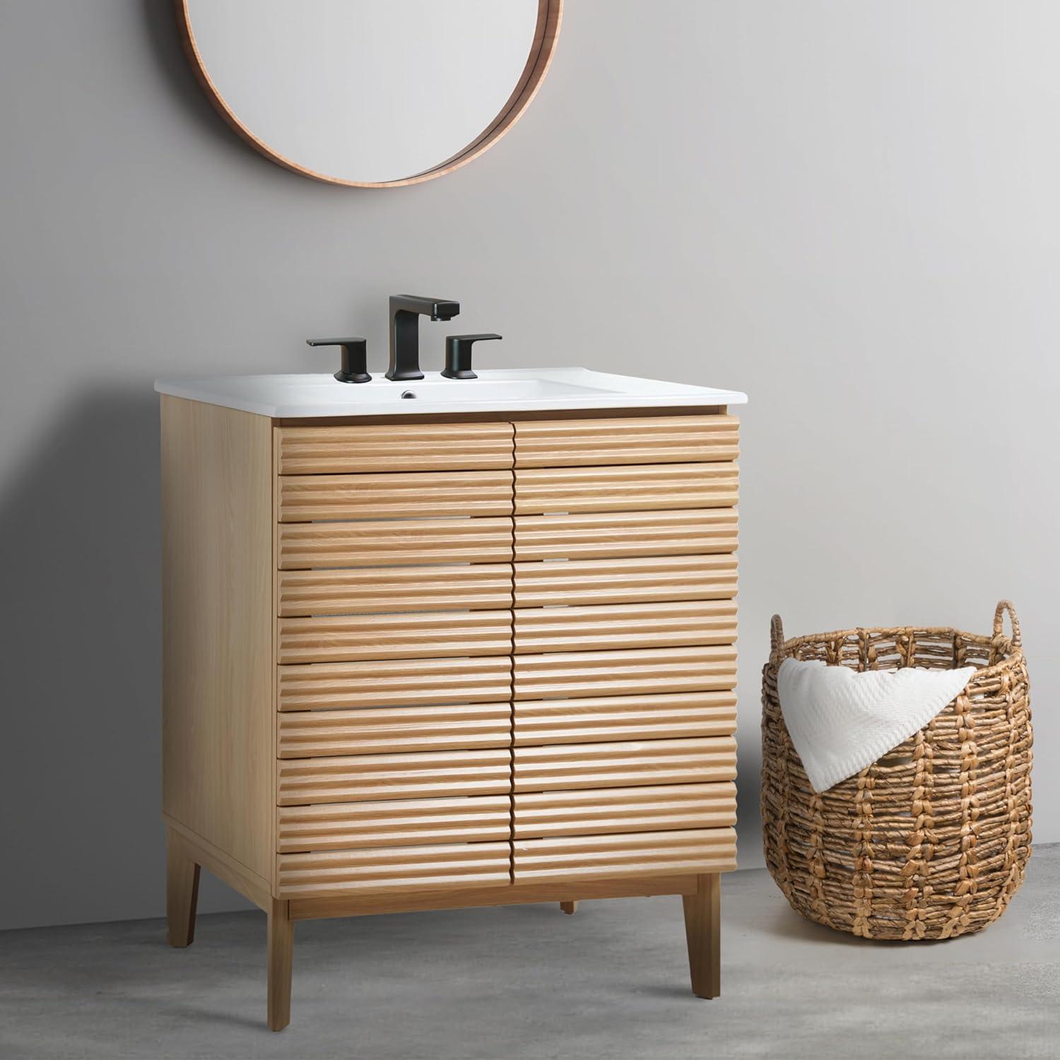 imageJONATHAN Y VAN1005A Calandre 24 in W x 18 in D x 33 in H Thin Linear Slat Modern Farmhouse 2Shelf Bath Vanity Cabinet Only Sink Basin not Included OakOak