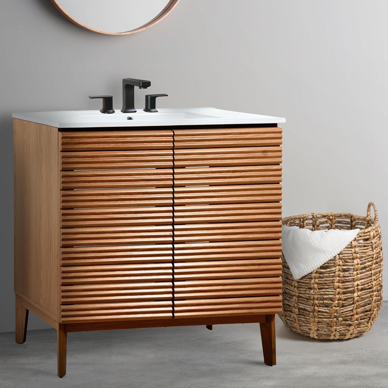 imageJONATHAN Y VAN1005A Calandre 24 in W x 18 in D x 33 in H Thin Linear Slat Modern Farmhouse 2Shelf Bath Vanity Cabinet Only Sink Basin not Included OakWalnut