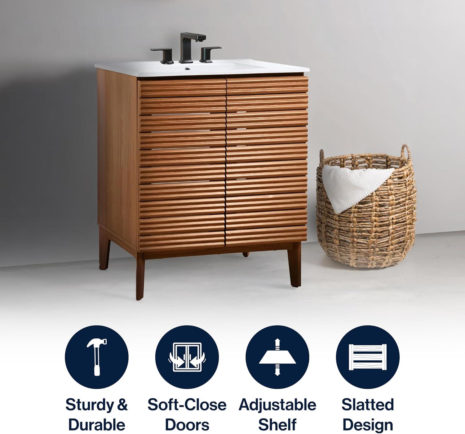 imageJONATHAN Y VAN1005A Calandre 24 in W x 18 in D x 33 in H Thin Linear Slat Modern Farmhouse 2Shelf Bath Vanity Cabinet Only Sink Basin not Included OakWalnut