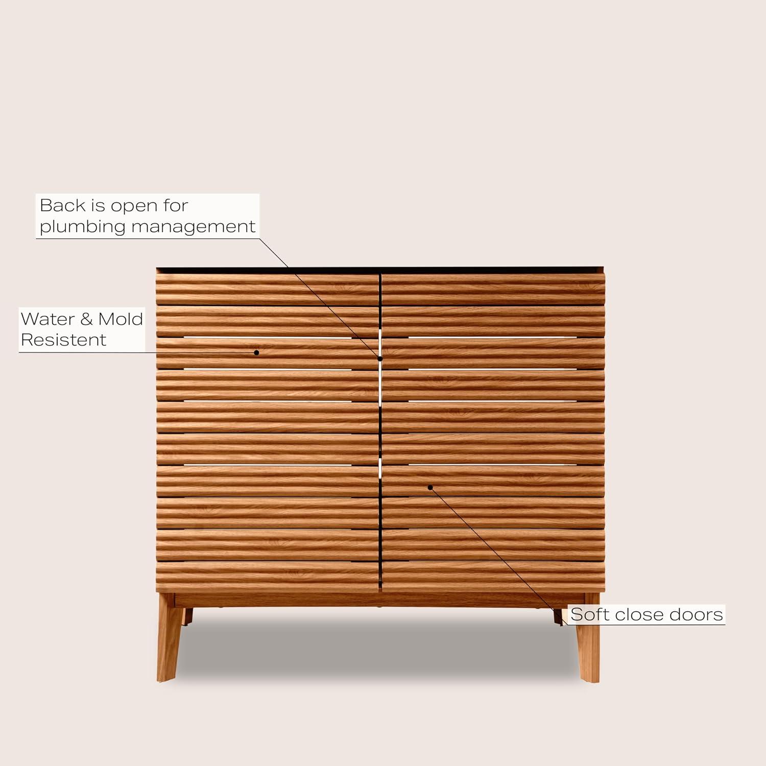 imageJONATHAN Y VAN1005A Calandre 24 in W x 18 in D x 33 in H Thin Linear Slat Modern Farmhouse 2Shelf Bath Vanity Cabinet Only Sink Basin not Included OakWalnut