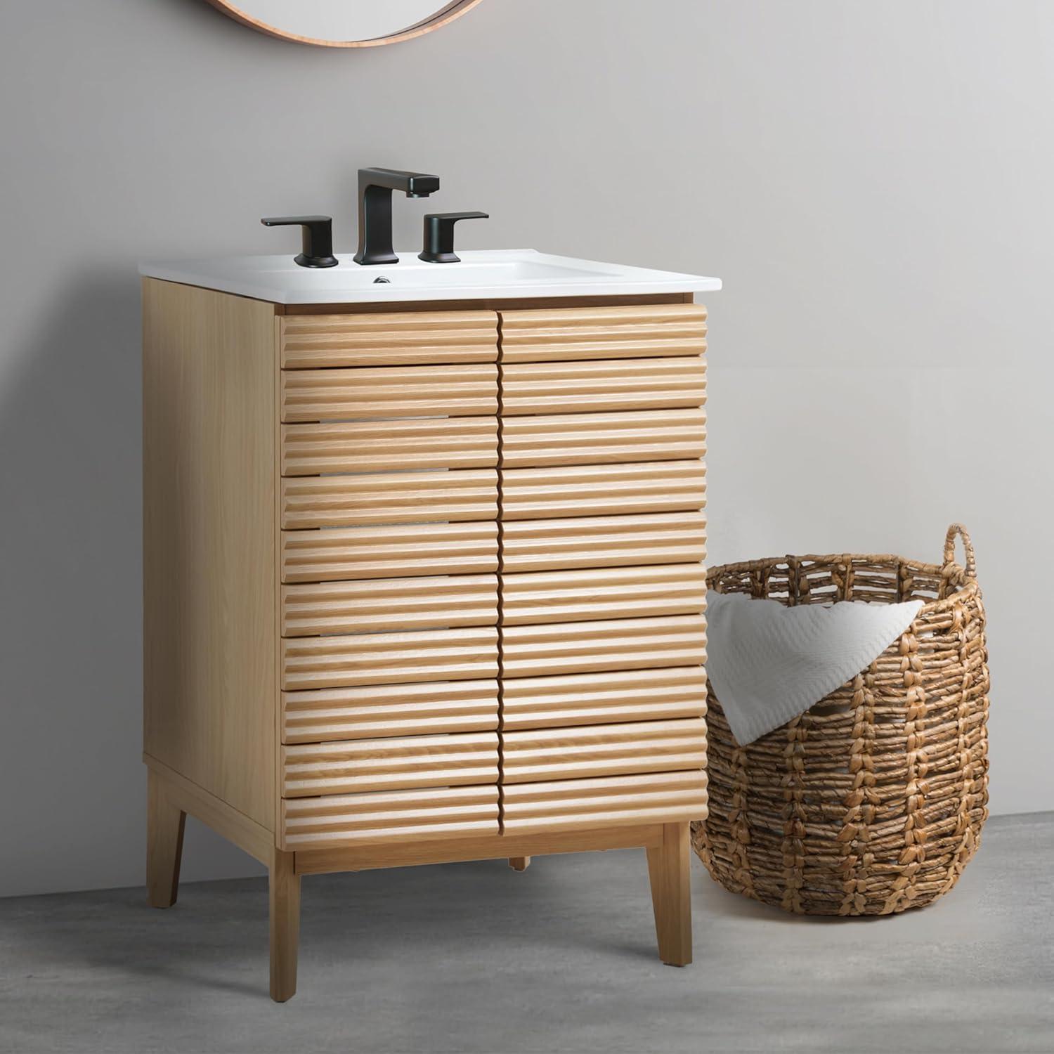 imageJONATHAN Y VAN1005A Calandre 24 in W x 18 in D x 33 in H Thin Linear Slat Modern Farmhouse 2Shelf Bath Vanity Cabinet Only Sink Basin not Included OakOak