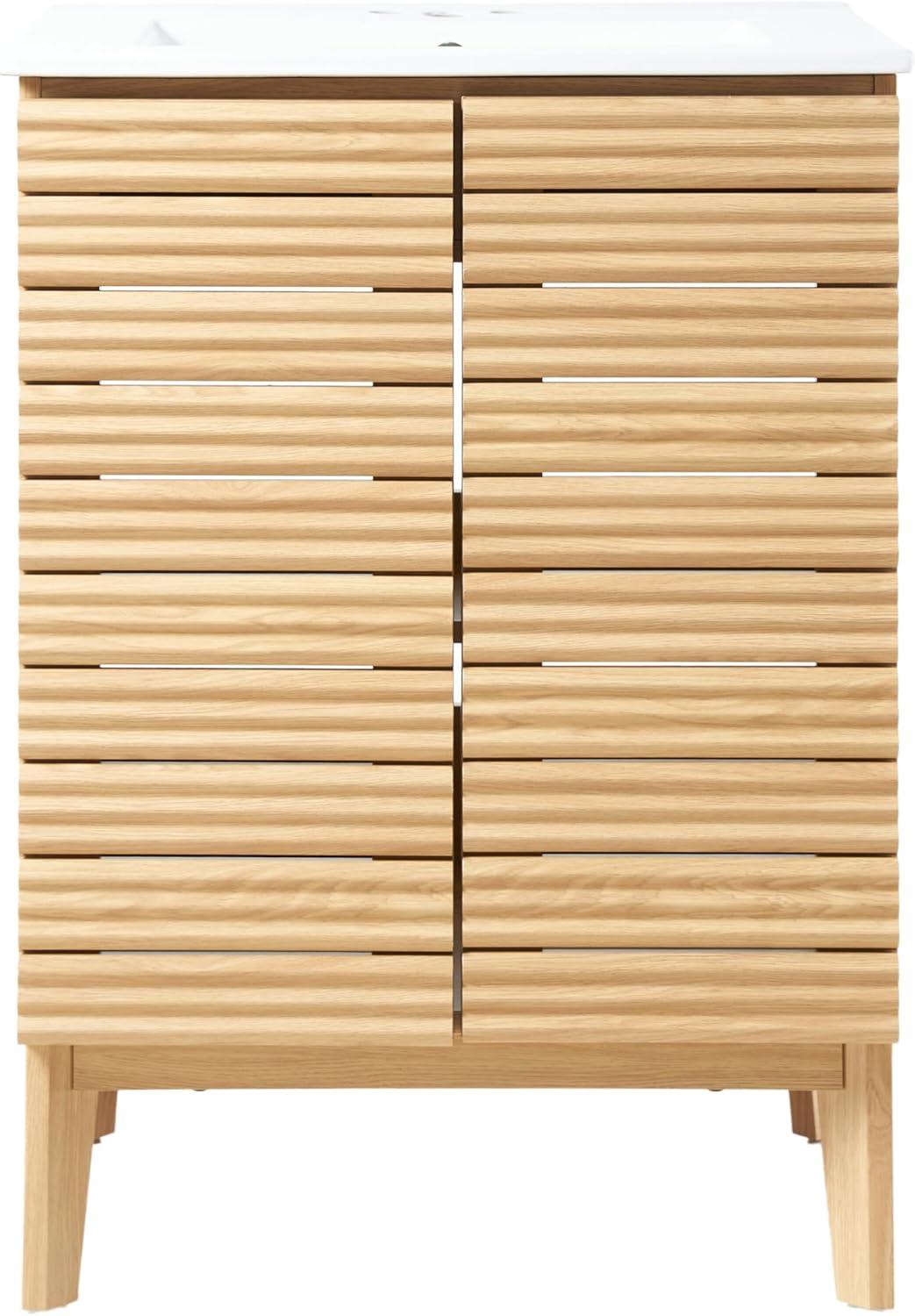 imageJONATHAN Y VAN1005A Calandre 24 in W x 18 in D x 33 in H Thin Linear Slat Modern Farmhouse 2Shelf Bath Vanity Cabinet Only Sink Basin not Included OakOak