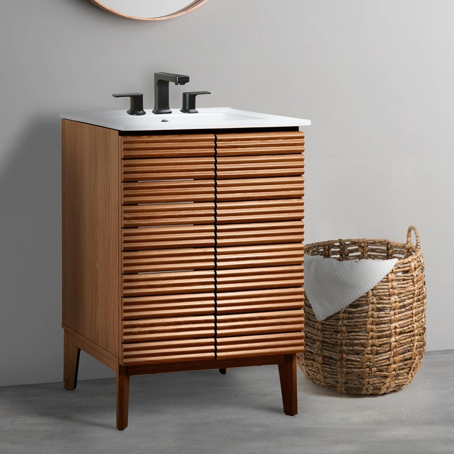 imageJONATHAN Y VAN1005A Calandre 24 in W x 18 in D x 33 in H Thin Linear Slat Modern Farmhouse 2Shelf Bath Vanity Cabinet Only Sink Basin not Included OakWalnut