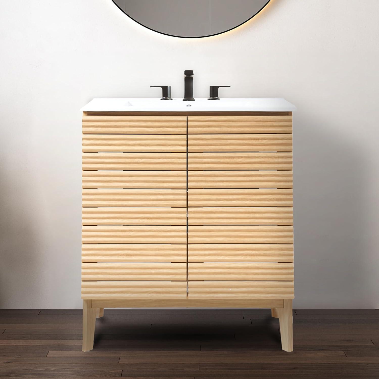 imageJONATHAN Y VAN1005A Calandre 24 in W x 18 in D x 33 in H Thin Linear Slat Modern Farmhouse 2Shelf Bath Vanity Cabinet Only Sink Basin not Included OakOak