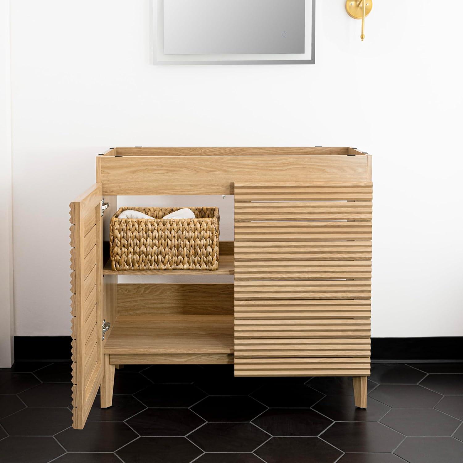 imageJONATHAN Y VAN1005A Calandre 24 in W x 18 in D x 33 in H Thin Linear Slat Modern Farmhouse 2Shelf Bath Vanity Cabinet Only Sink Basin not Included OakOak