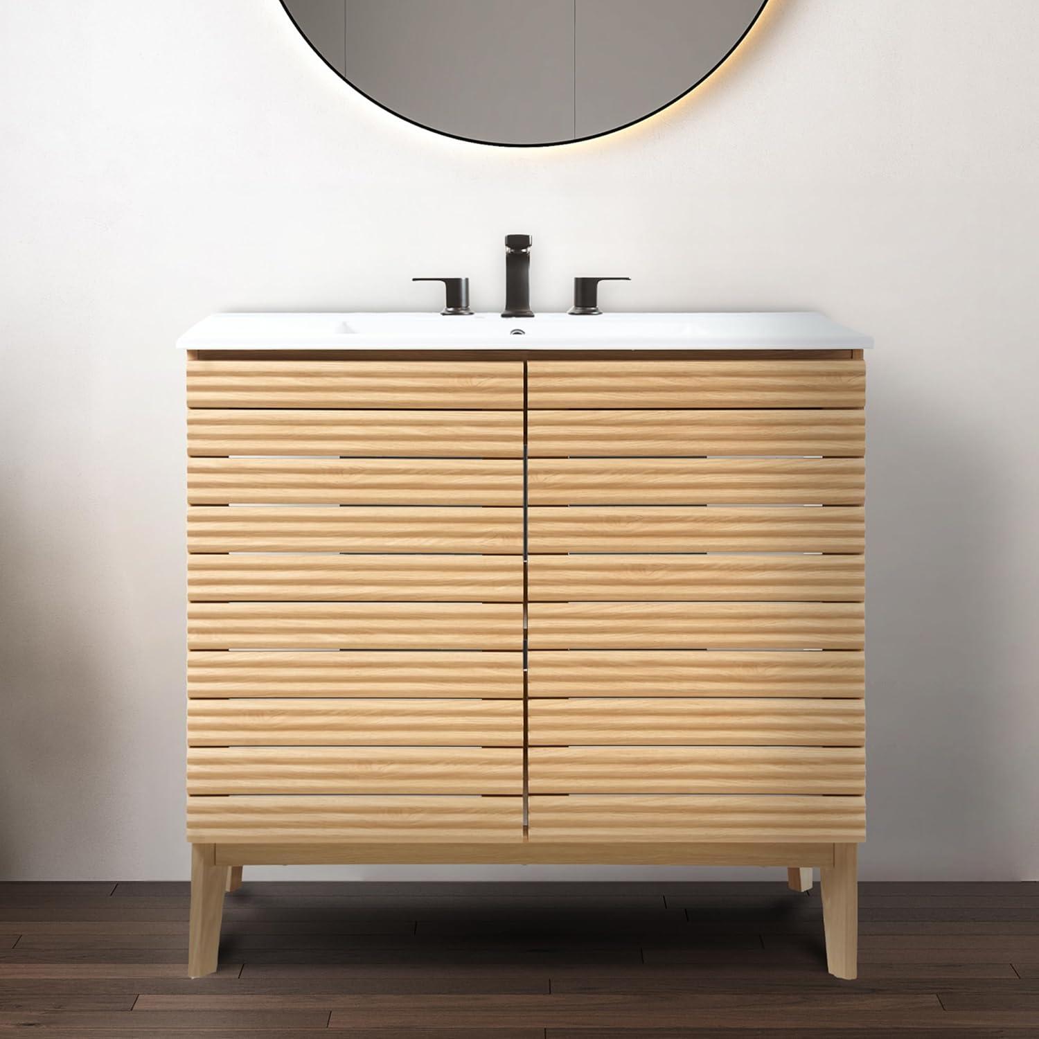 imageJONATHAN Y VAN1005A Calandre 24 in W x 18 in D x 33 in H Thin Linear Slat Modern Farmhouse 2Shelf Bath Vanity Cabinet Only Sink Basin not Included OakOak