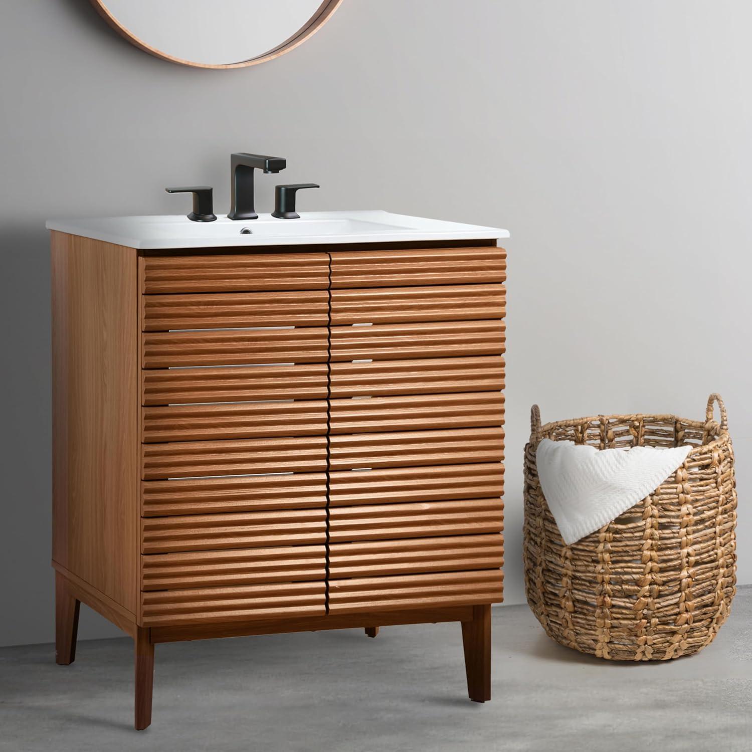 imageJONATHAN Y VAN1005A Calandre 24 in W x 18 in D x 33 in H Thin Linear Slat Modern Farmhouse 2Shelf Bath Vanity Cabinet Only Sink Basin not Included OakWalnut