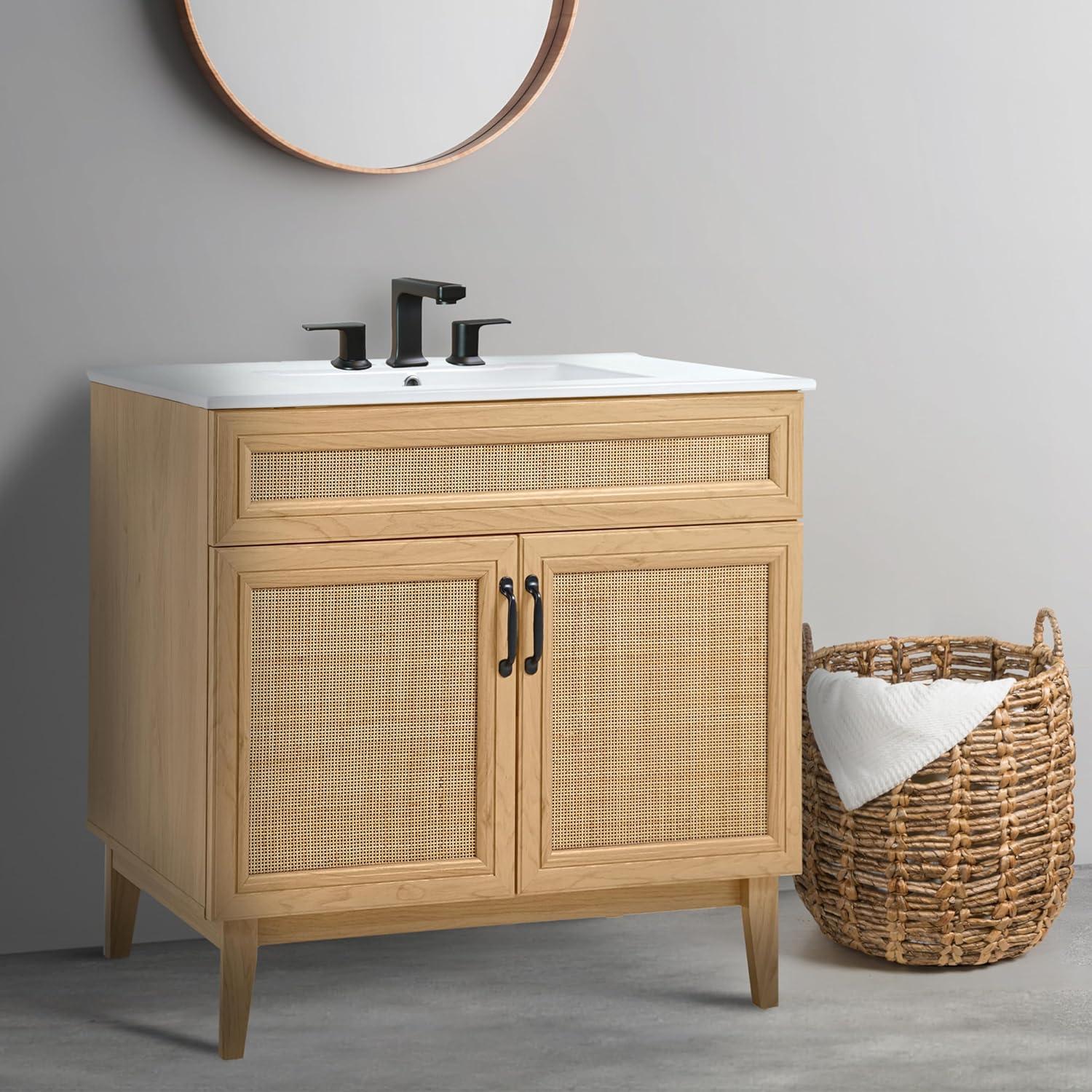imageJONATHAN Y VAN1010B Javer 30 in W x 18 in D x 33 in H Rattan Modern Farmhouse 2Shelf Bath Vanity Cabinet Only Sink Basin not Included WalnutOak